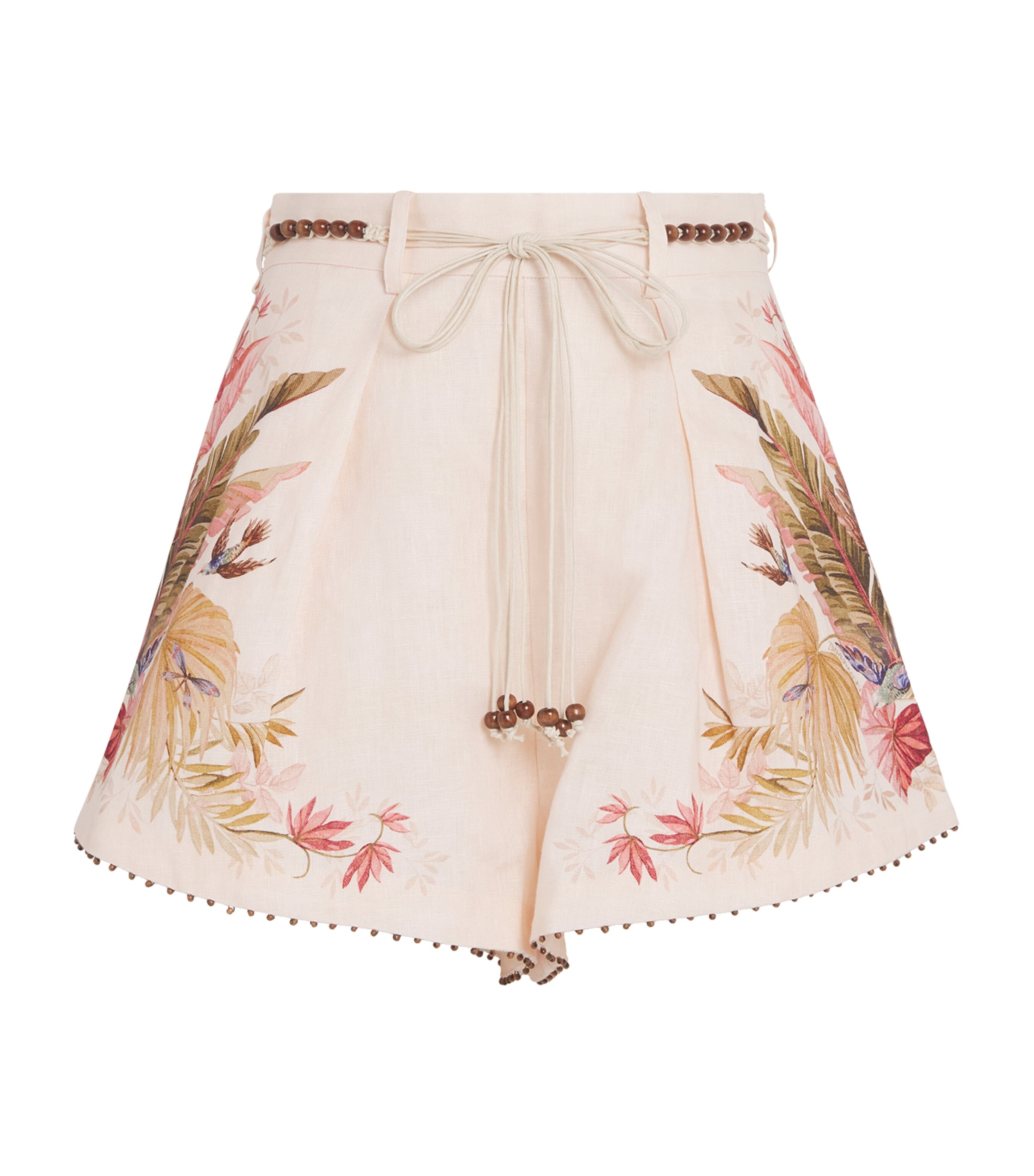 Zimmermann Ascension Belted Bead-embellished Floral-print Linen Shorts