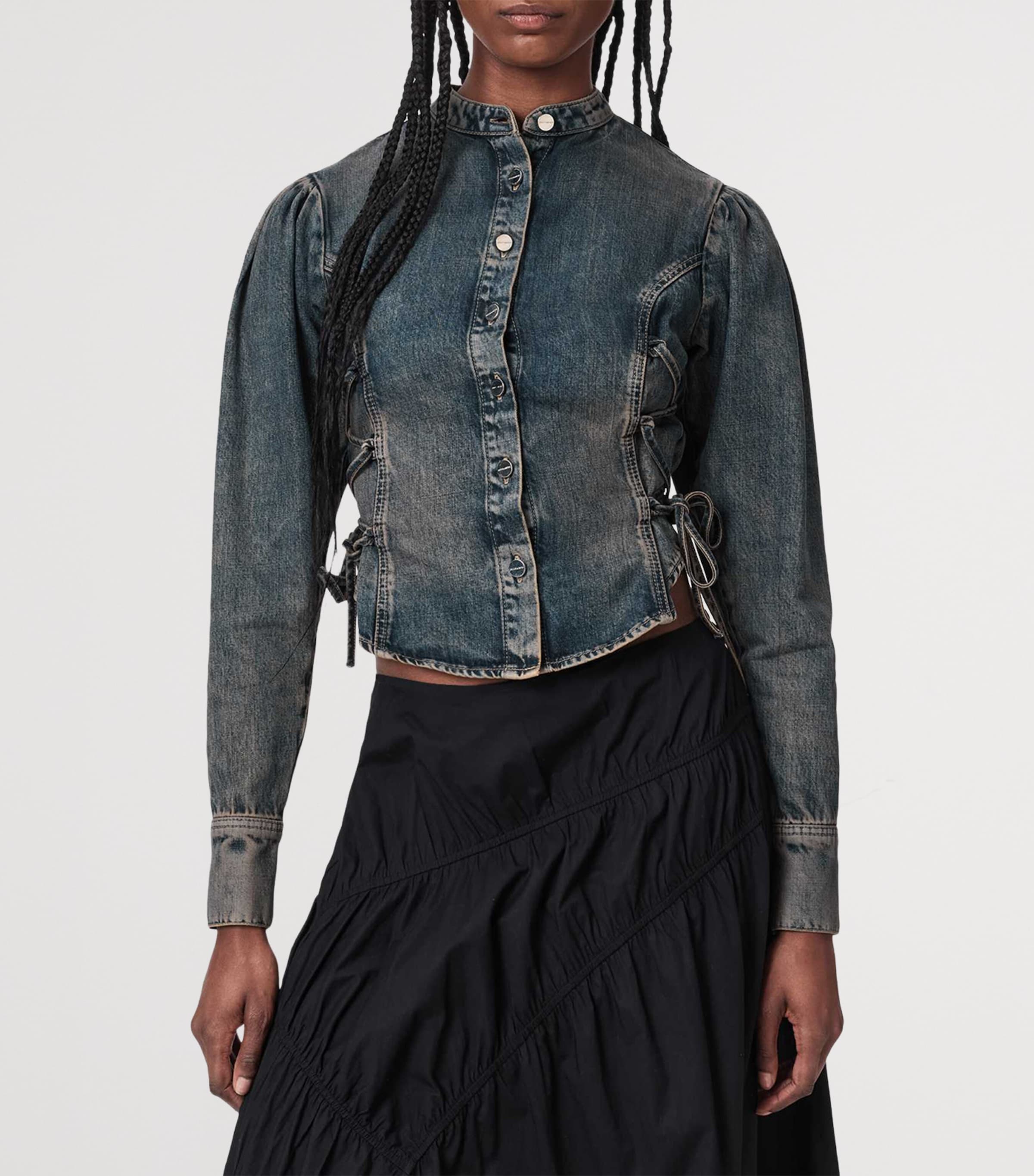 AllSaints Womens Denim Lace-Up Evanna Shirt Tinted Indigo Image 3