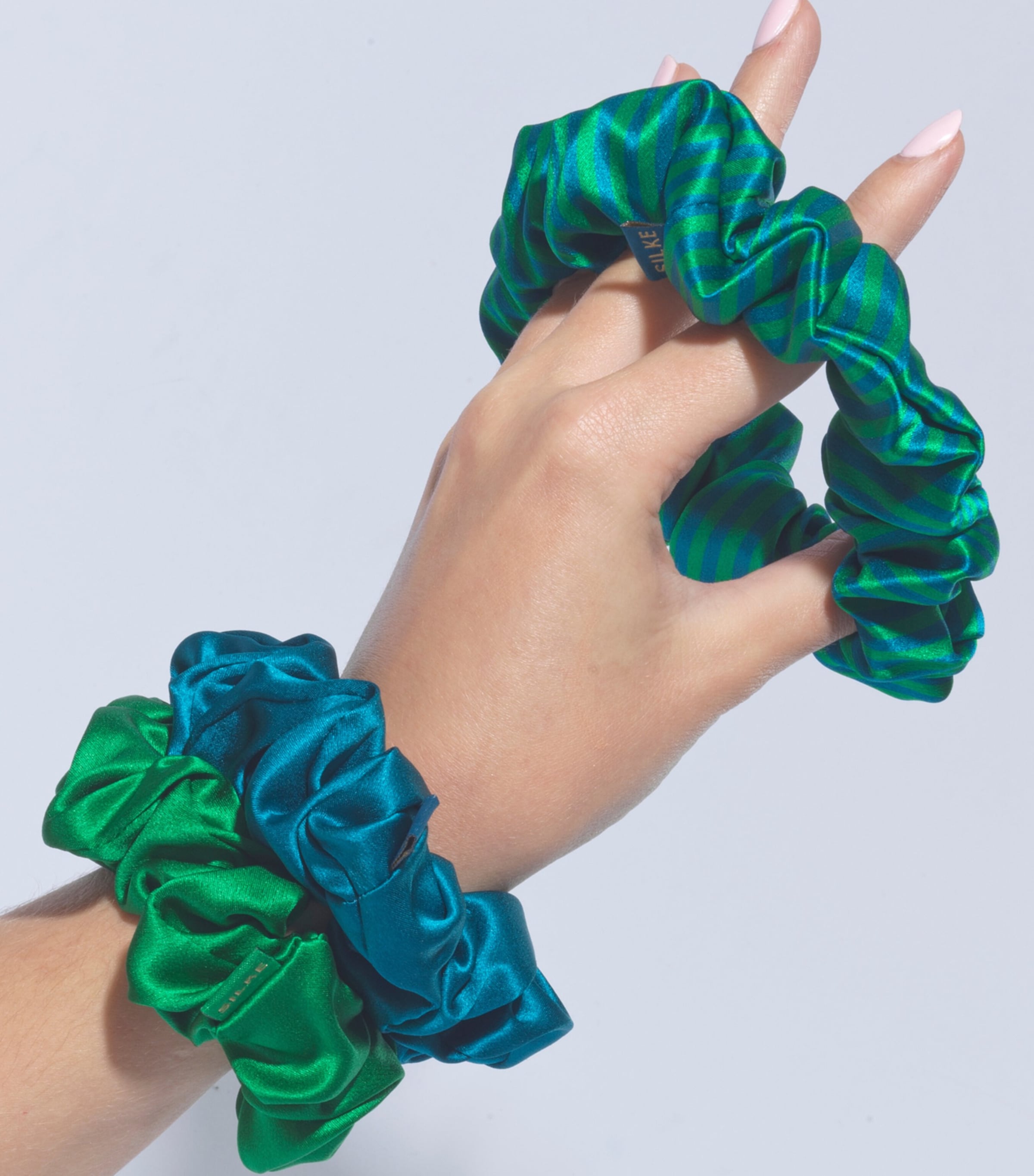 SILKE Mulberry Silk Hair Scrunchies (Set of 3) Isla Pack Blue And Green Image 4
