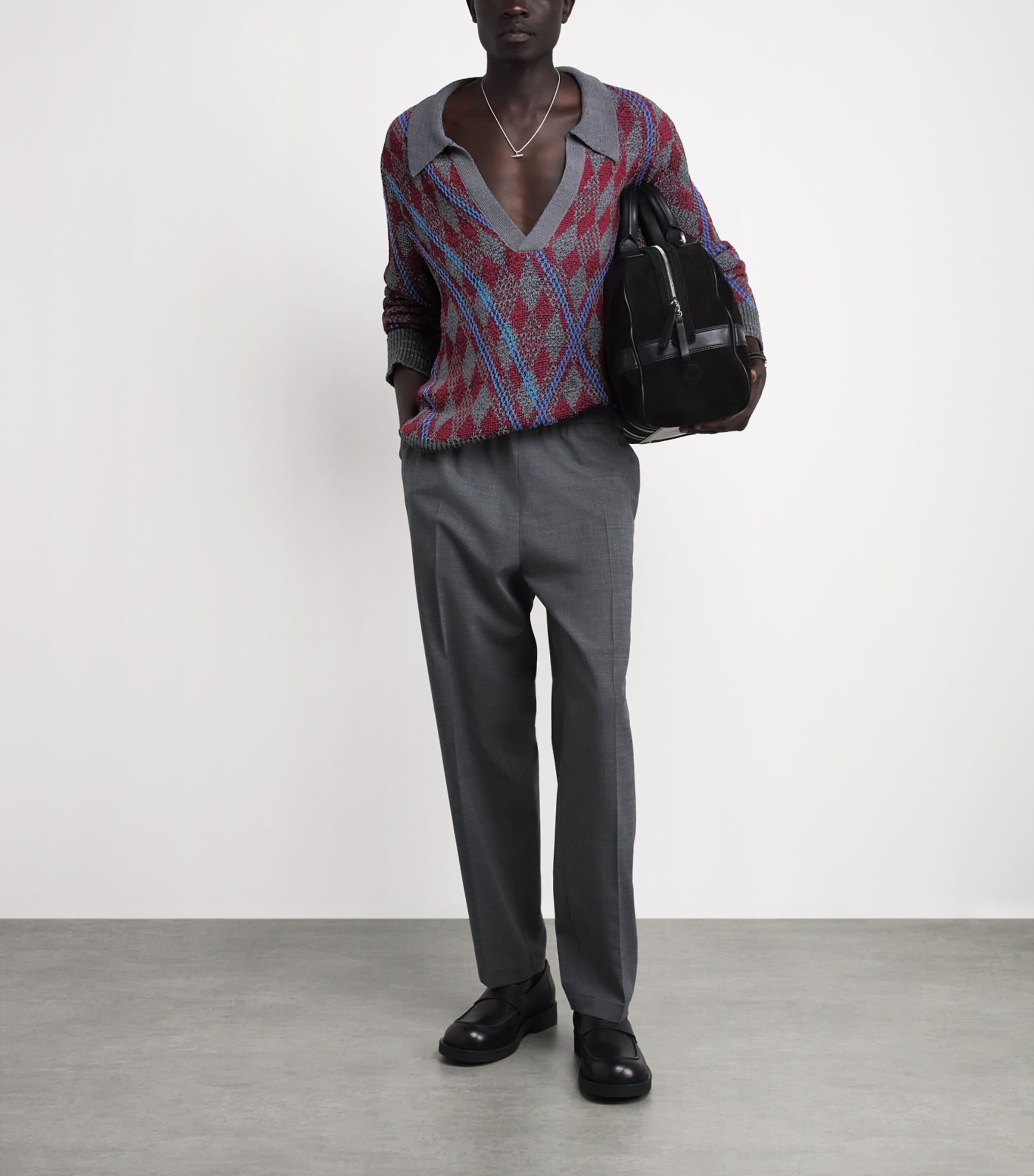 DRIES VAN NOTEN Mens Argyle Open-Collar Sweater Grey Image 2