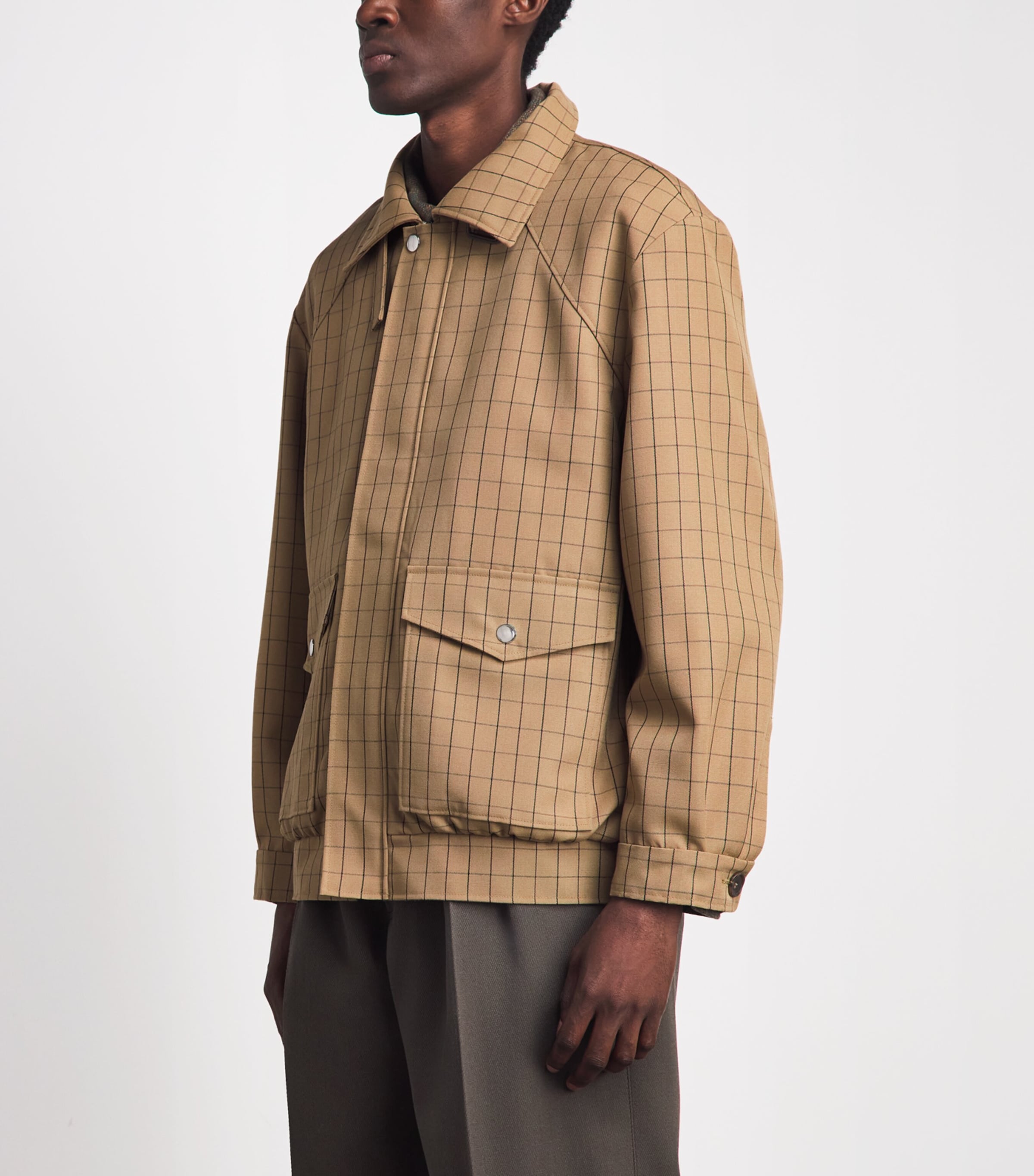 Séfr Mens Virgin Wool Check Bomber Jacket Beige Image 4