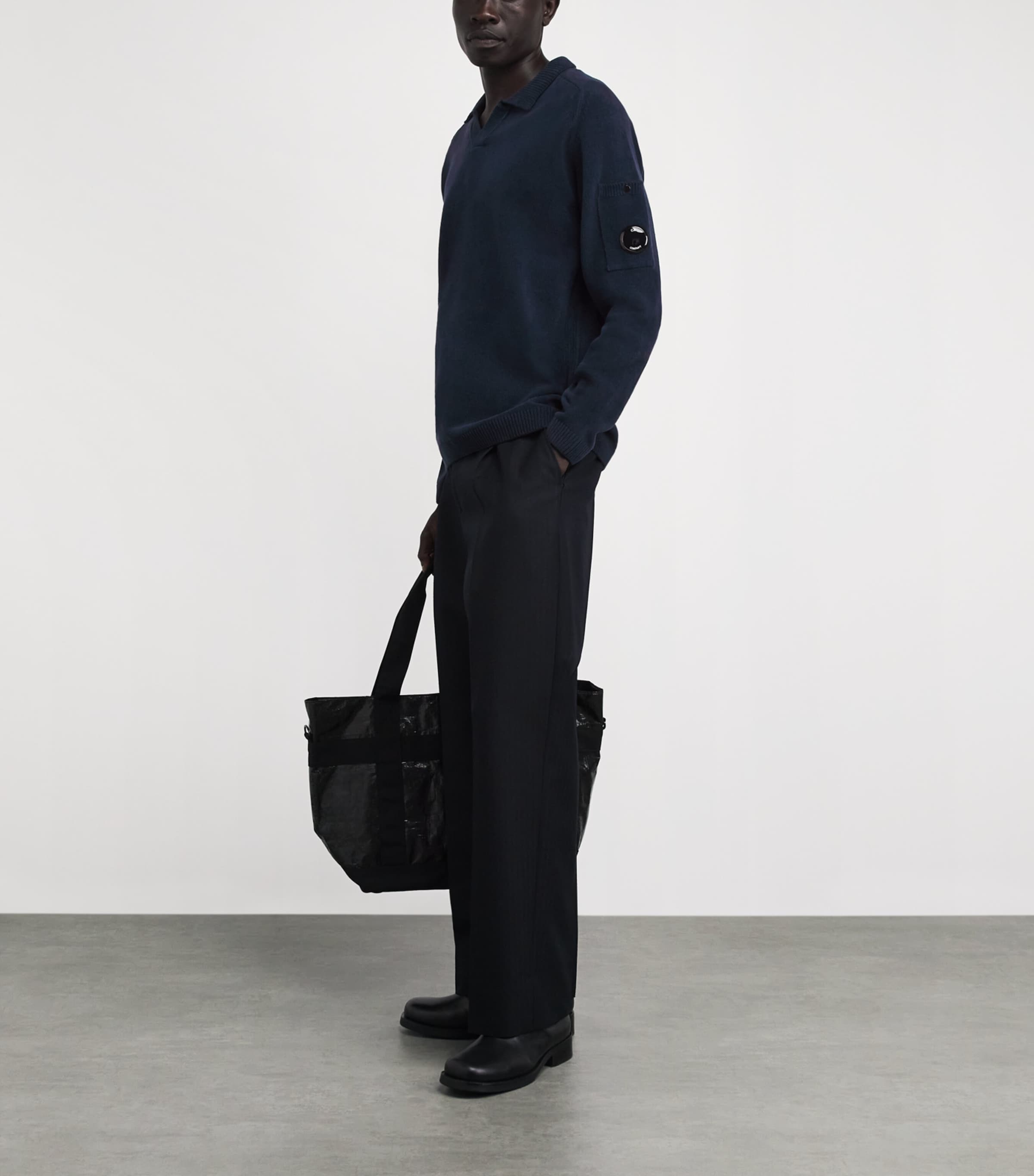C.P. Company Mens Cotton Chenille Lens Polo Sweater Midnight Navy Image 2
