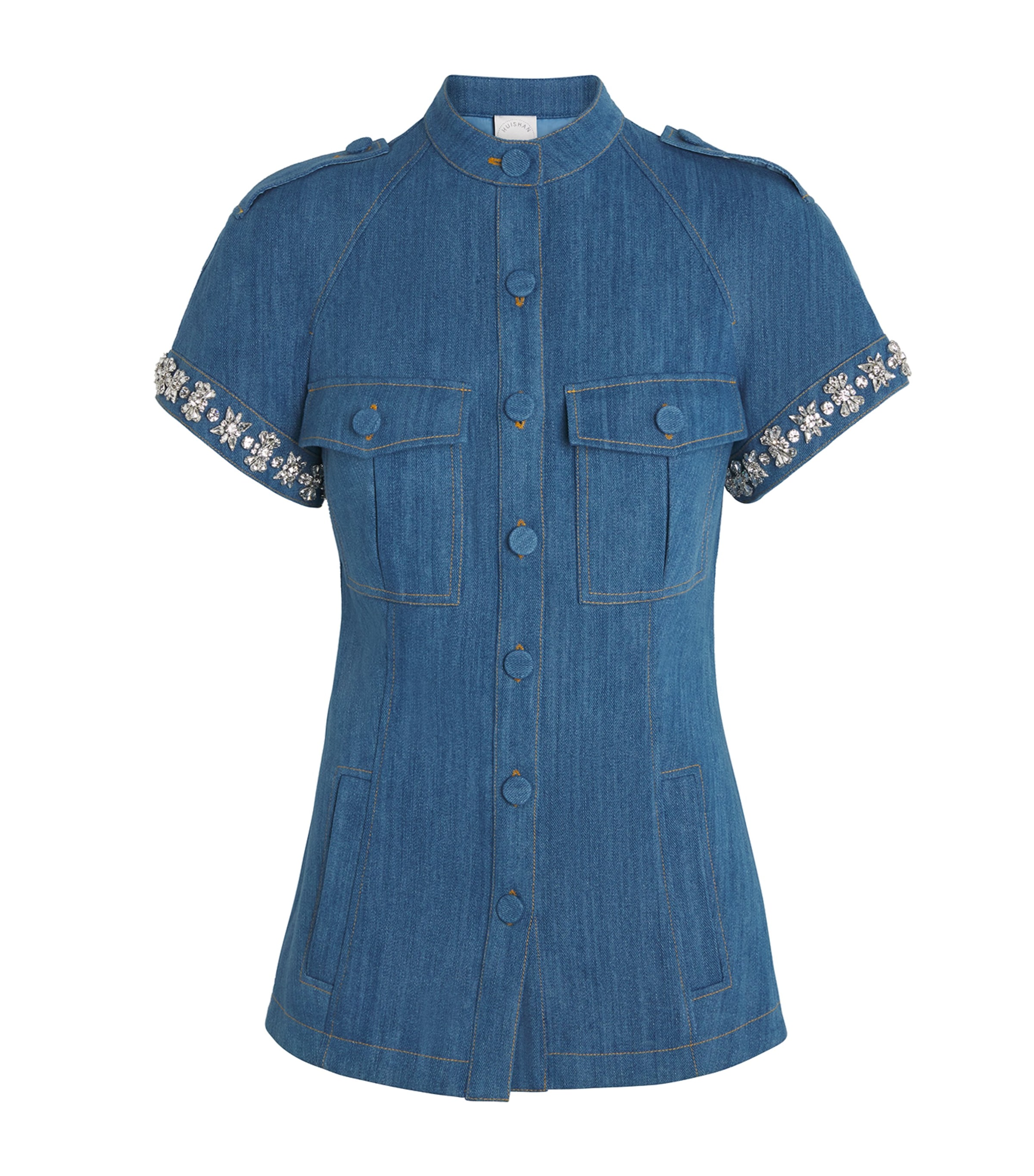 Huishan Zhang Womens Brenda Embellished Short-sleeve Denim Jacket In Blue