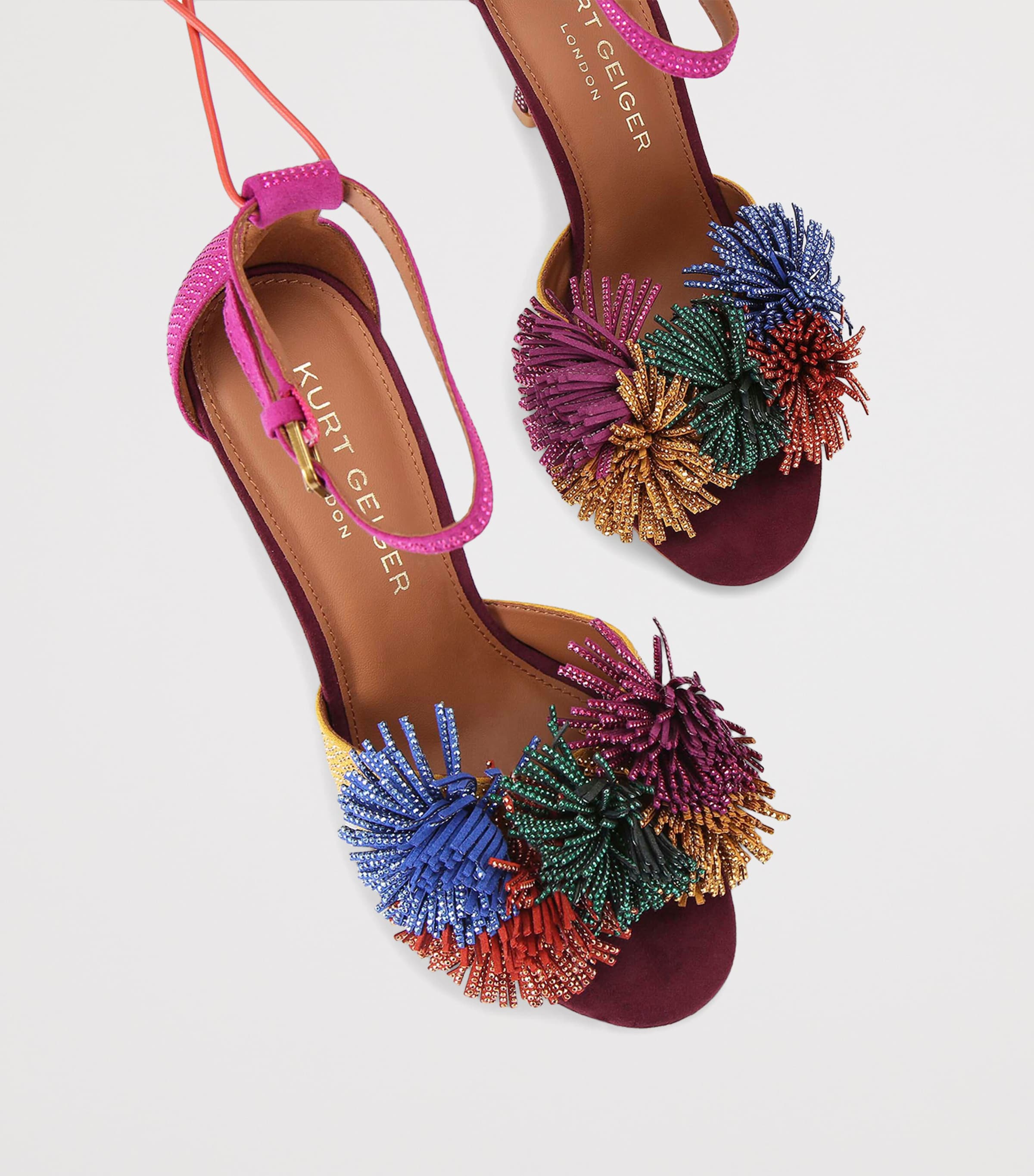 Kurt Geiger London Suede Embellished Pom Pom Sandals Wine Comb Image 4