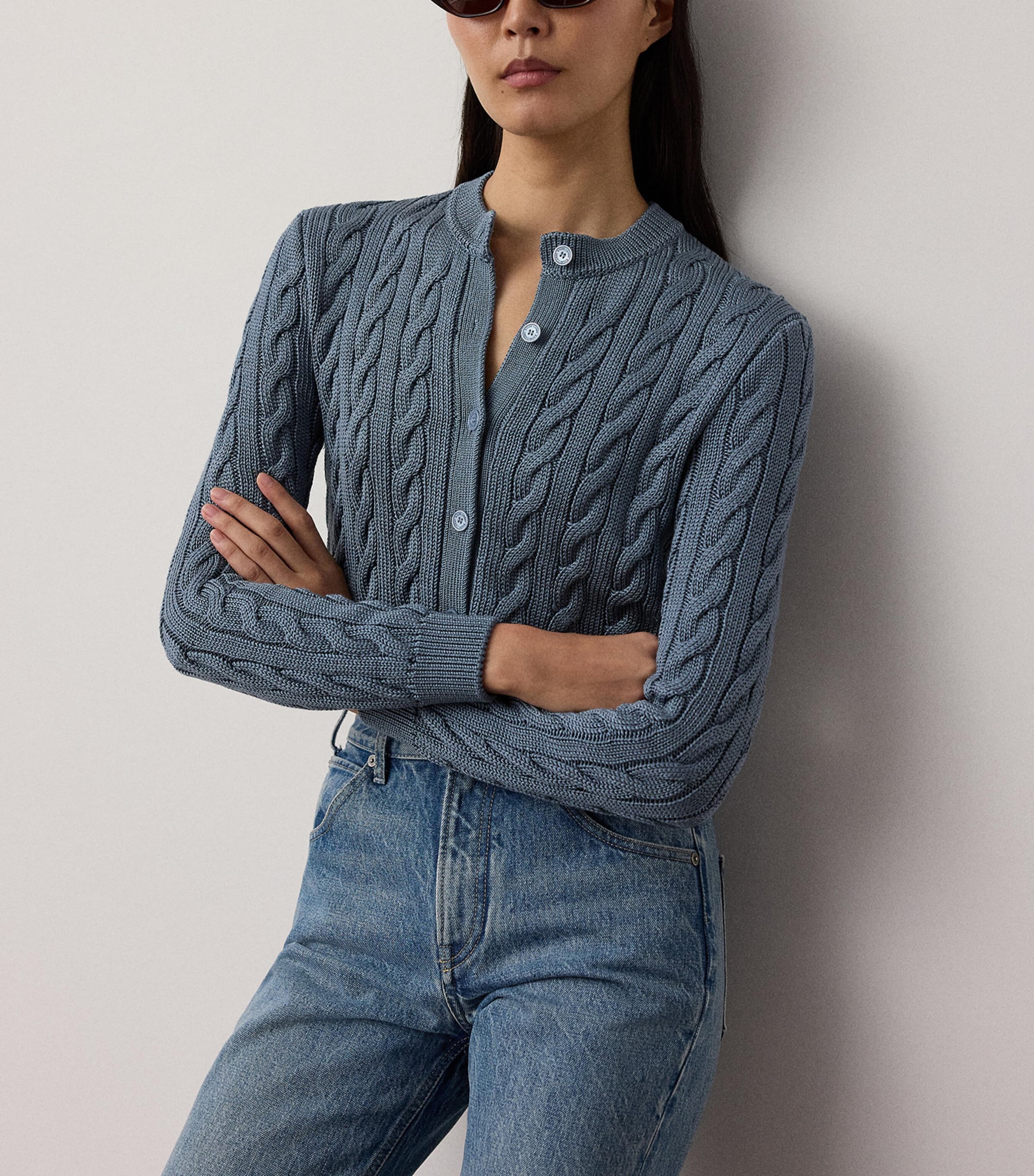 Ralph Lauren Collection Womens Silk Cable-Knit Cropped Cardigan Chambray Blue Image 3
