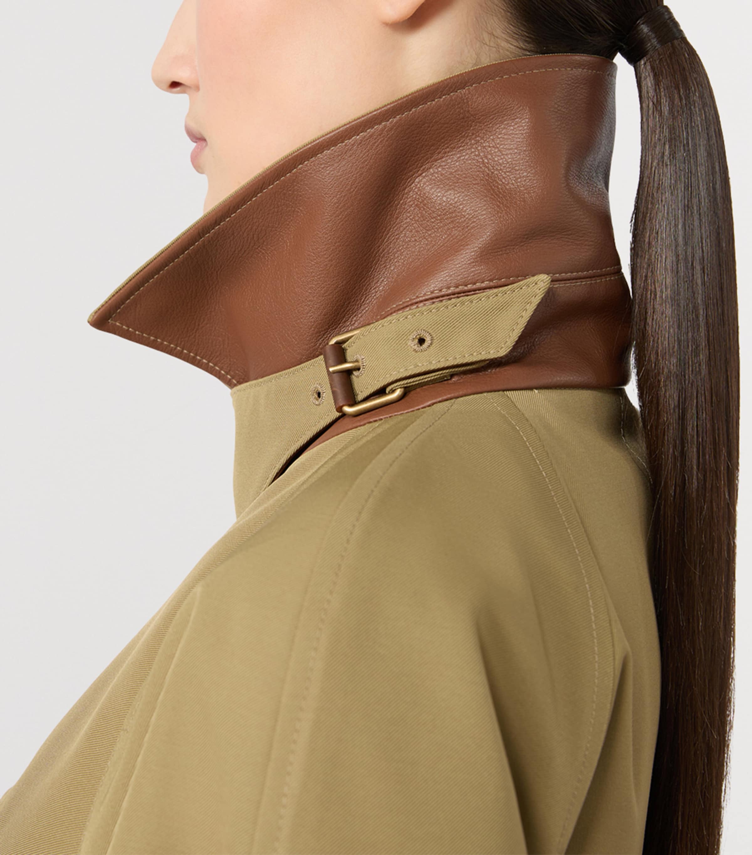 Max Mara Womens Leather-Trim Trench Coat Kaki Image 5