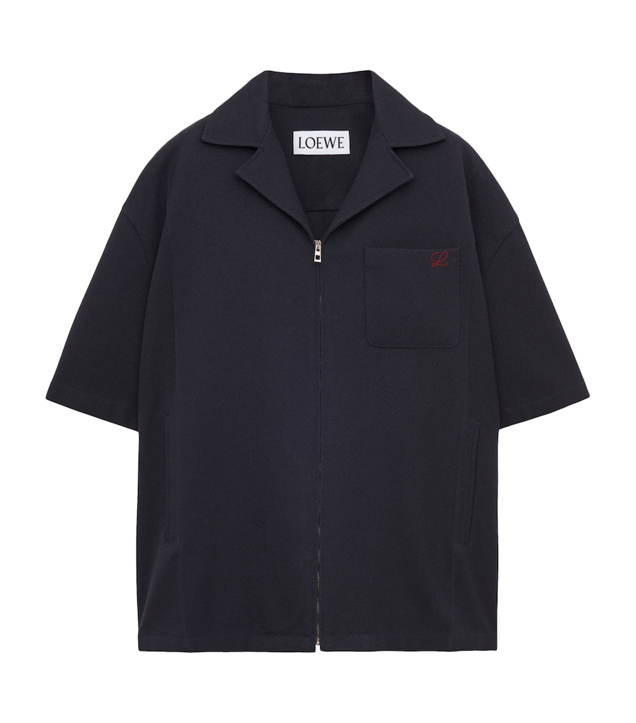 Wool Short-Sleeve Zip-Up Shirt DARK NAVY BLUE Image 1