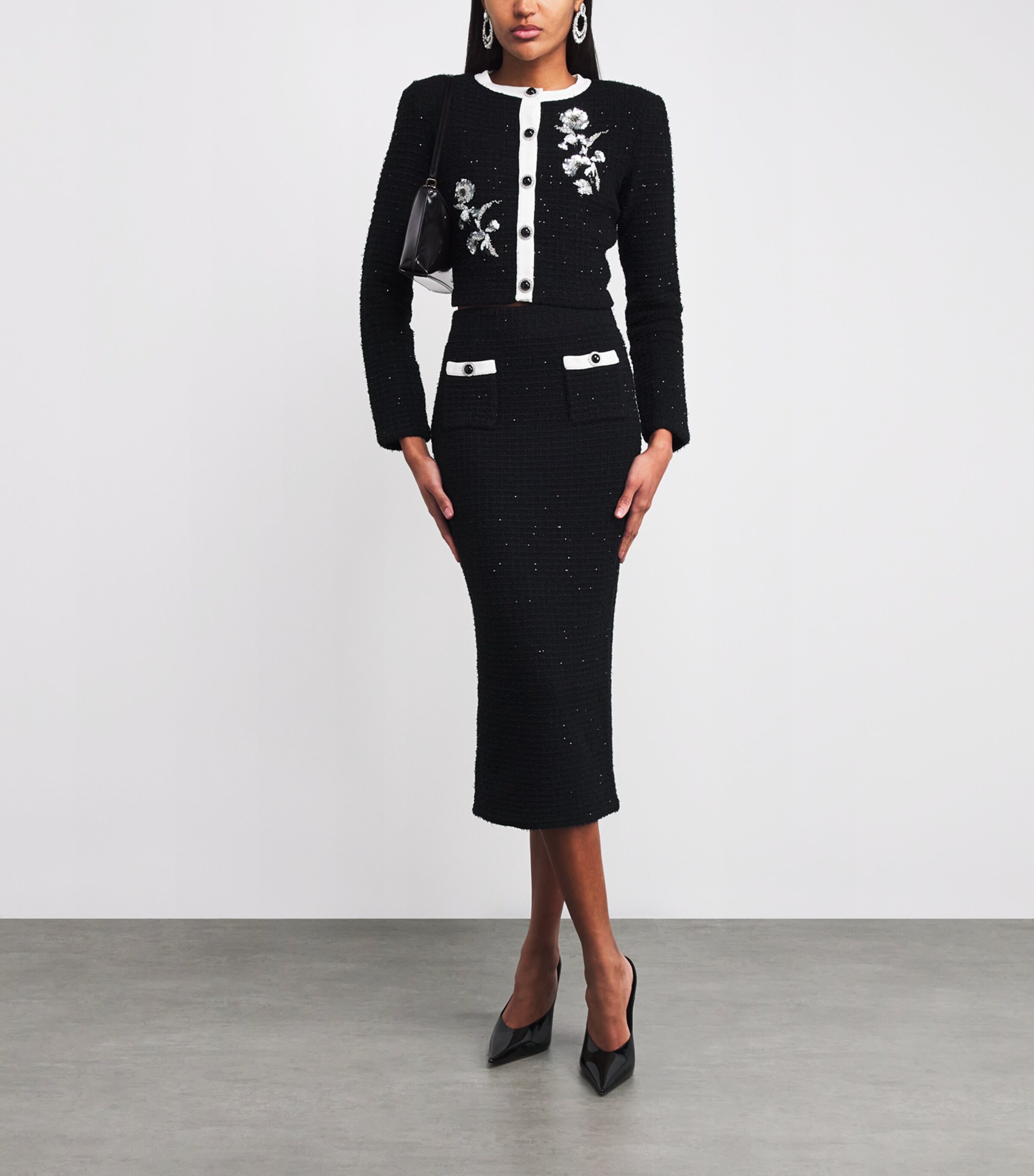 Textured-Knit Embellished Floral Jacket BLACK Image 2
