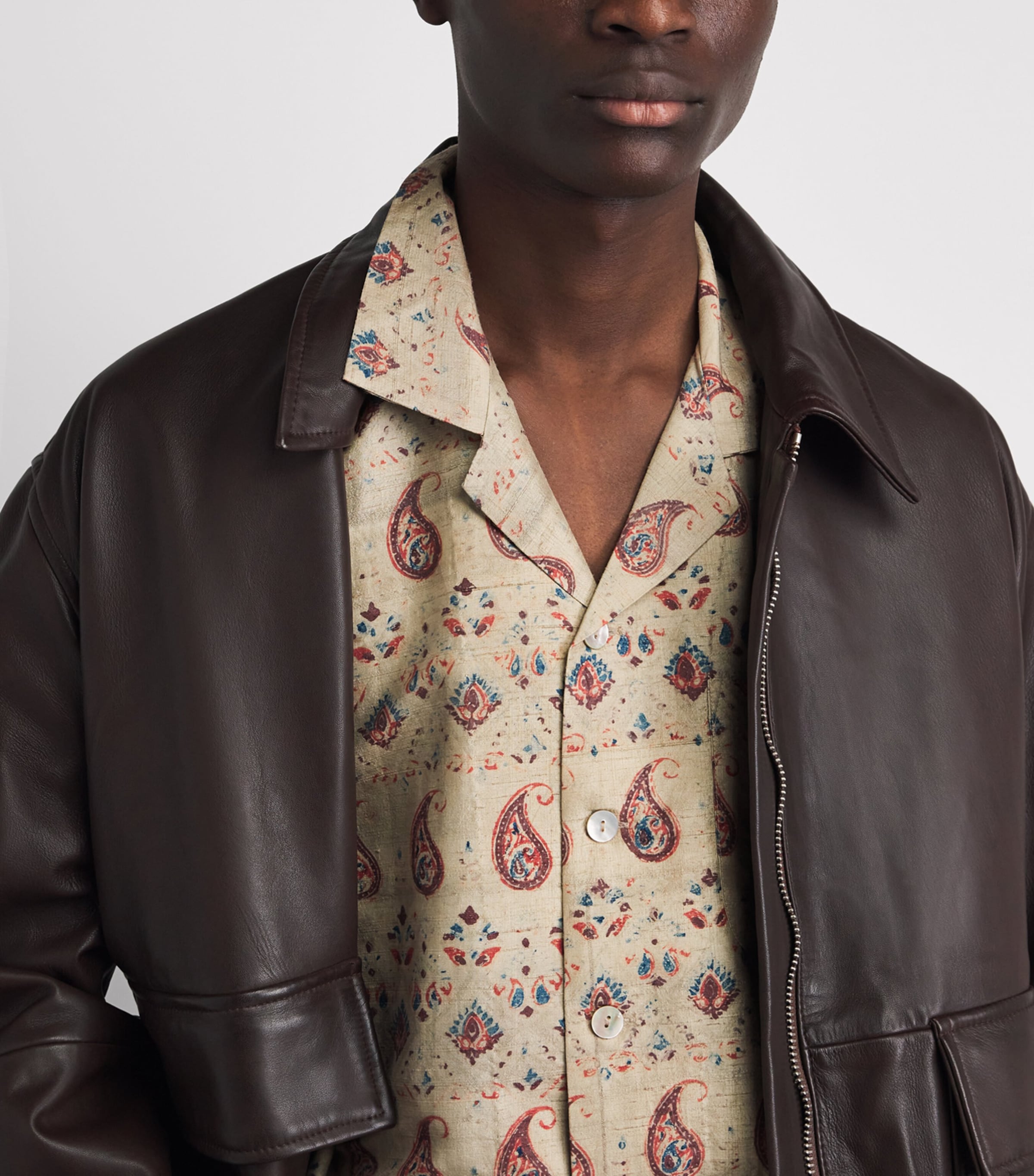 Kartik Research Mens Silk Printed Short-Sleeve Shirt Ecru/ Orange/ Indigo Image 3