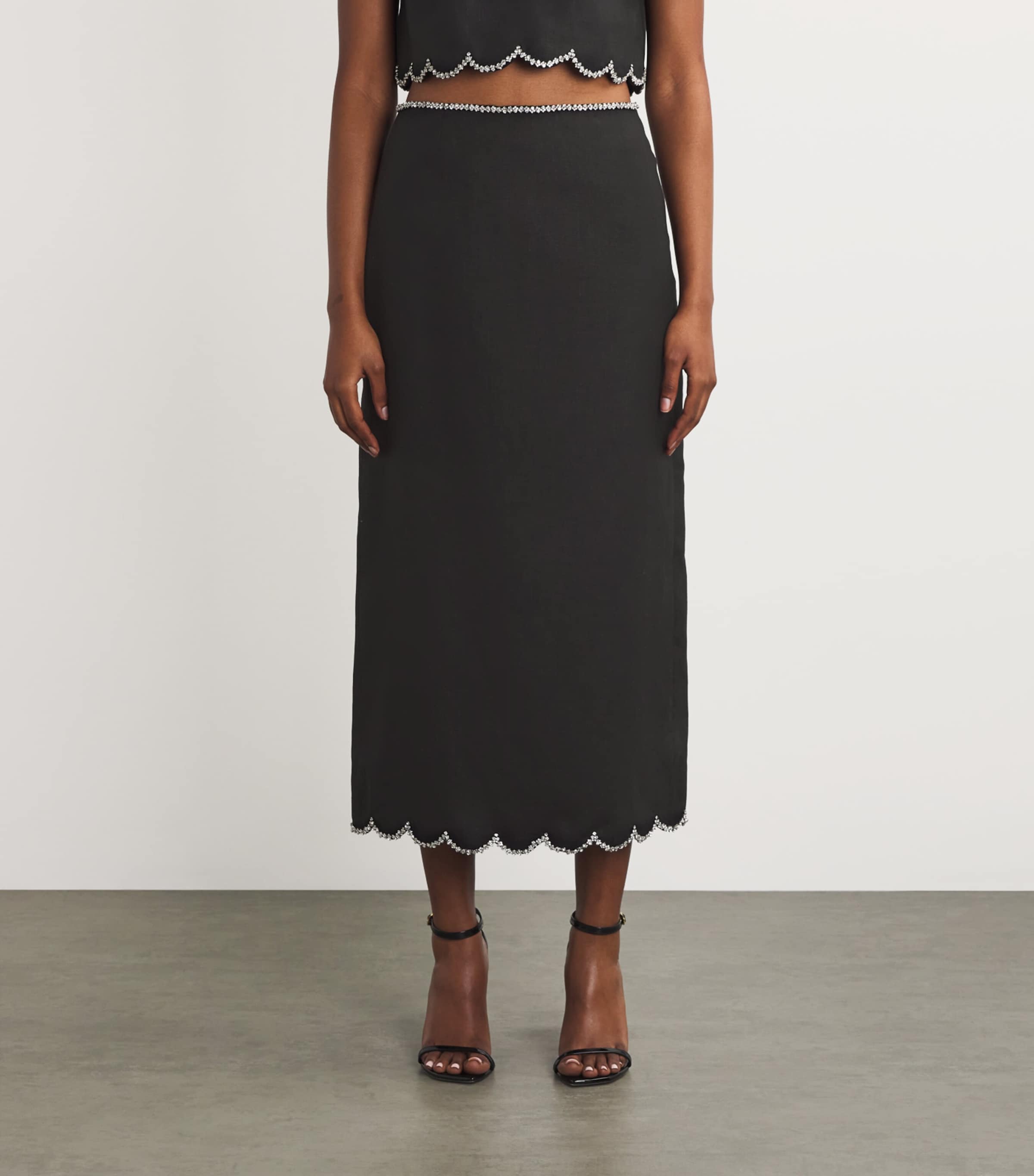Zimmermann Black Linen Scalloped Midi Skirt | Harrods US