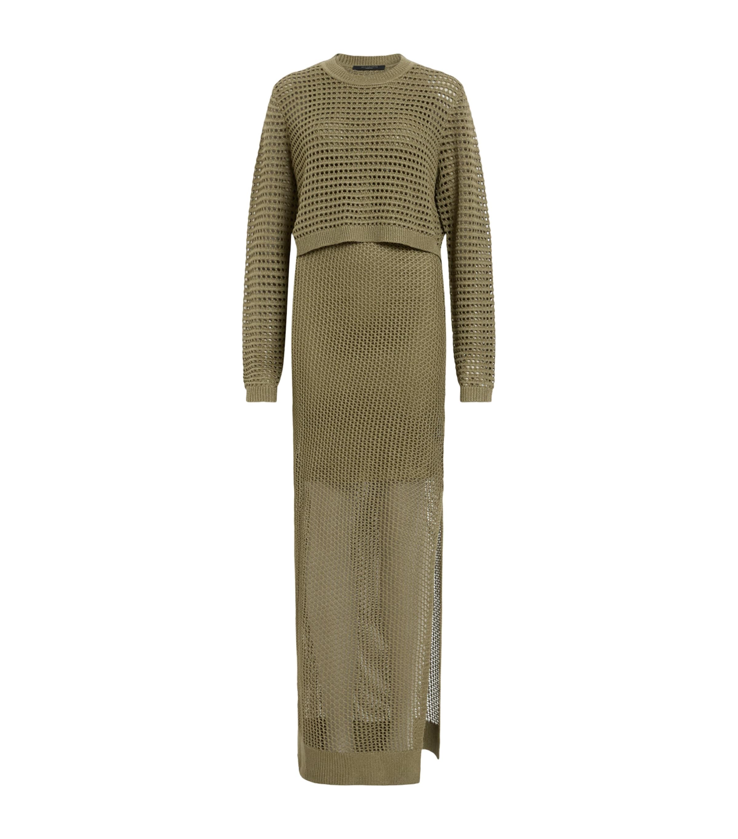 Allsaints Womens Miro Long-sleeve Knitted Maxi Dress Fir Green In Green