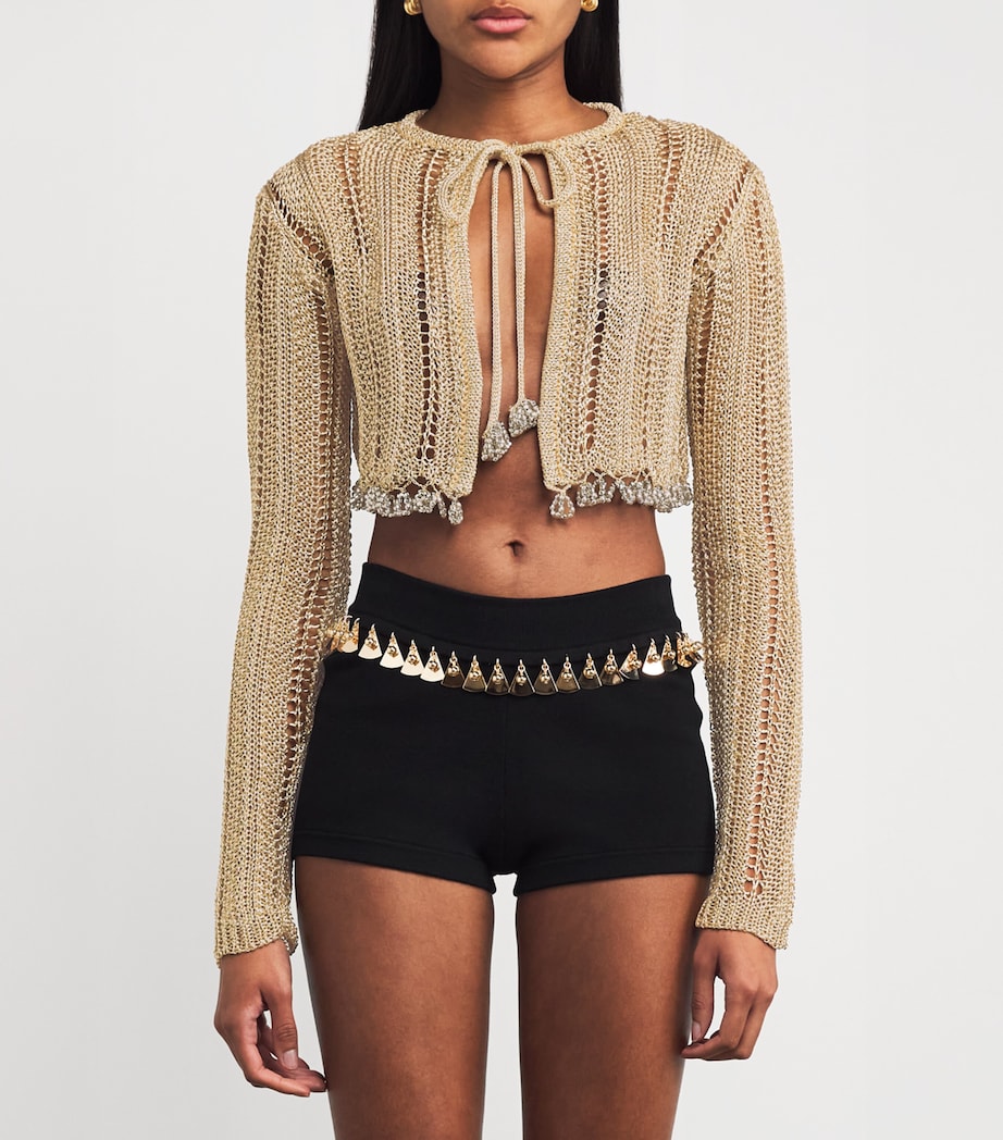Rabanne Womens Crochet Beaded Cardigan Light Gold Image 3