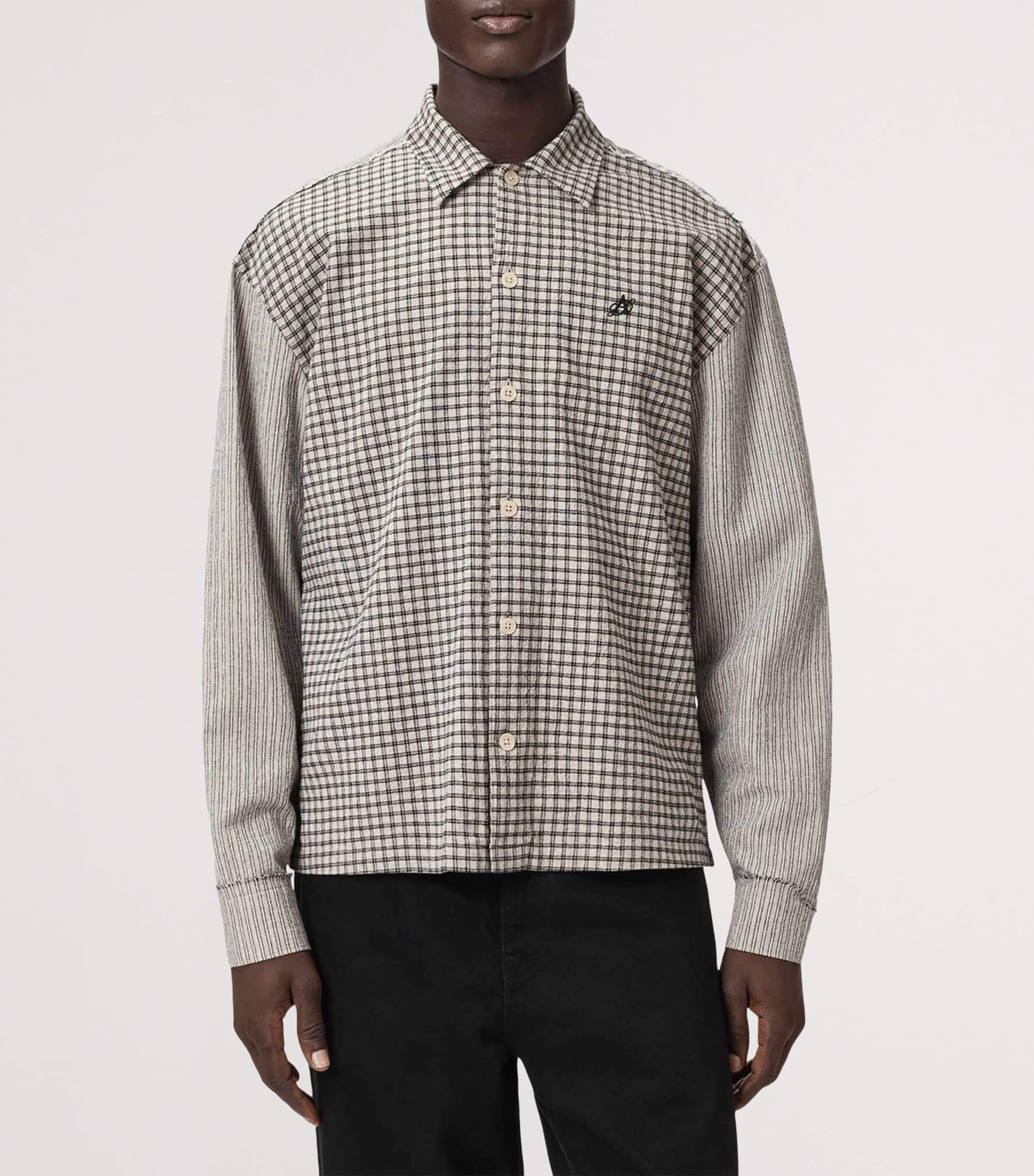AllSaints Mens Organic Cotton Check Cage Shirt Oat White Image 3