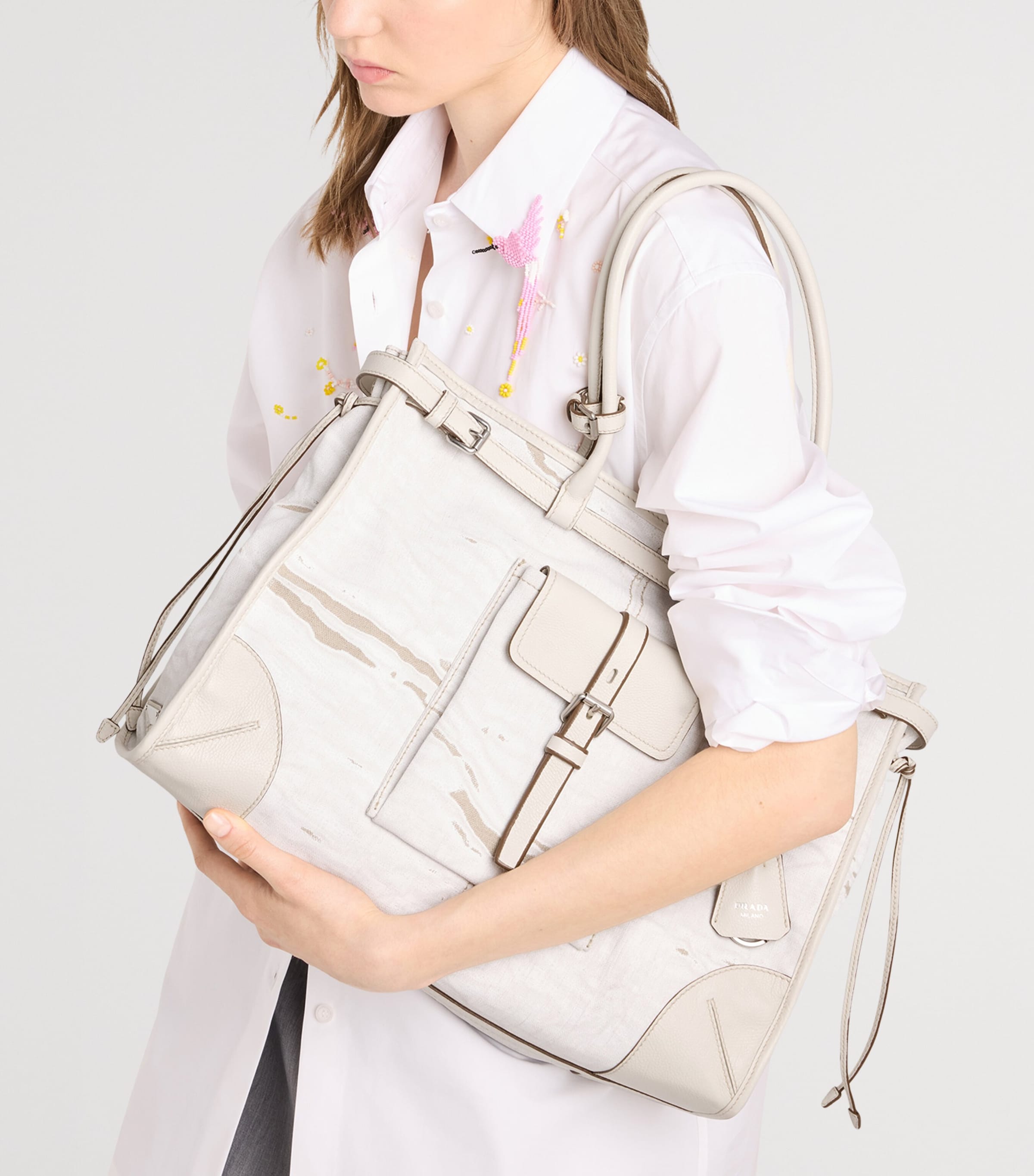 Prada Womens Printed Linen Bonnie Shoulder Bag White Image 2