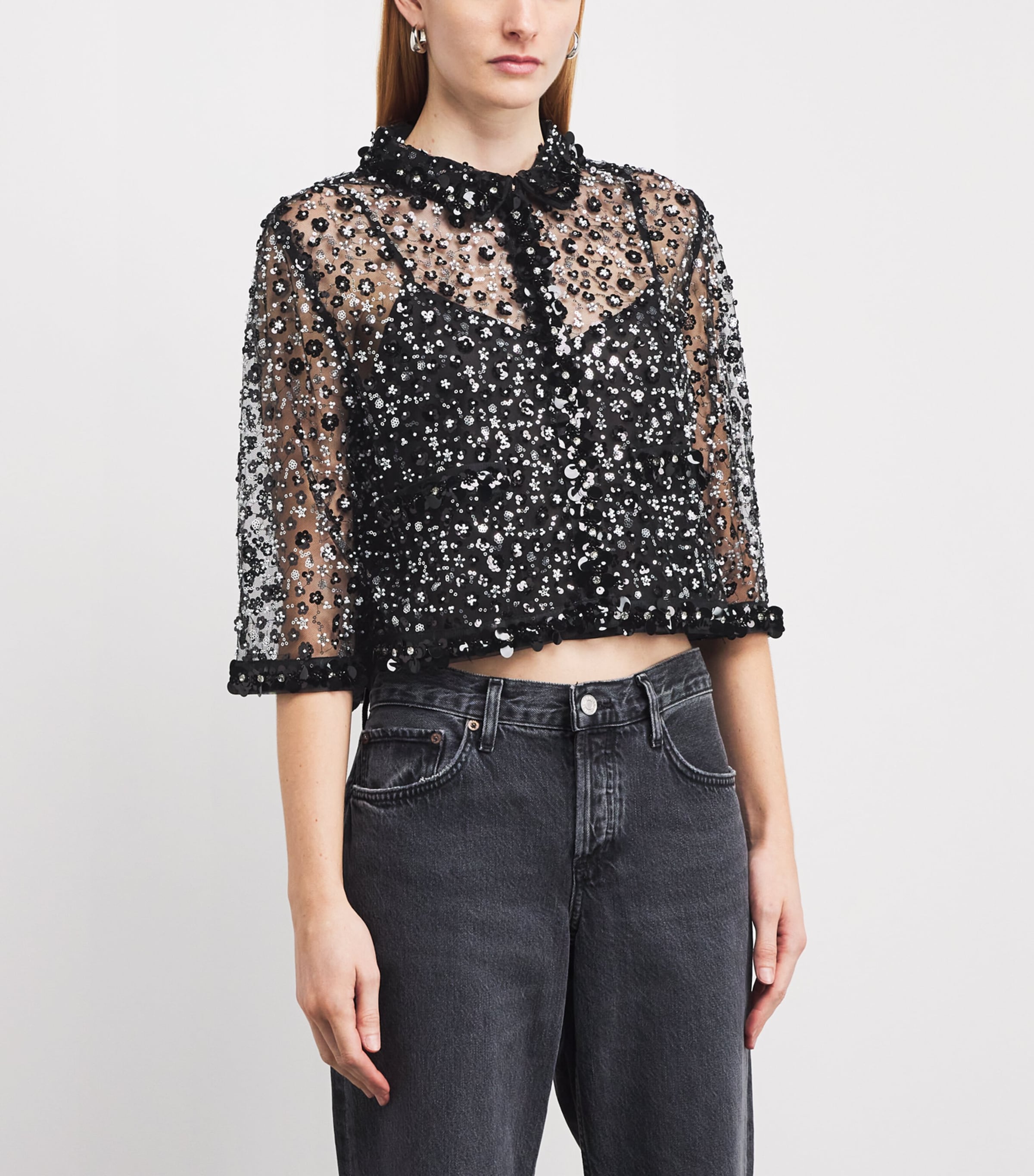 Sheer Rhinestone Polo Top BLACK Image 3