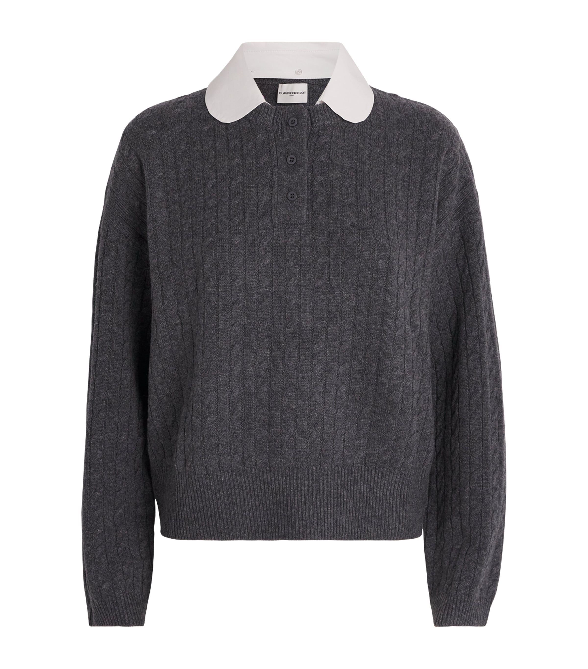 Claudie Pierlot Womens Mottled Grey Peter Pan-collar Cable-knit Wool And Cashmere Jumper In Gray