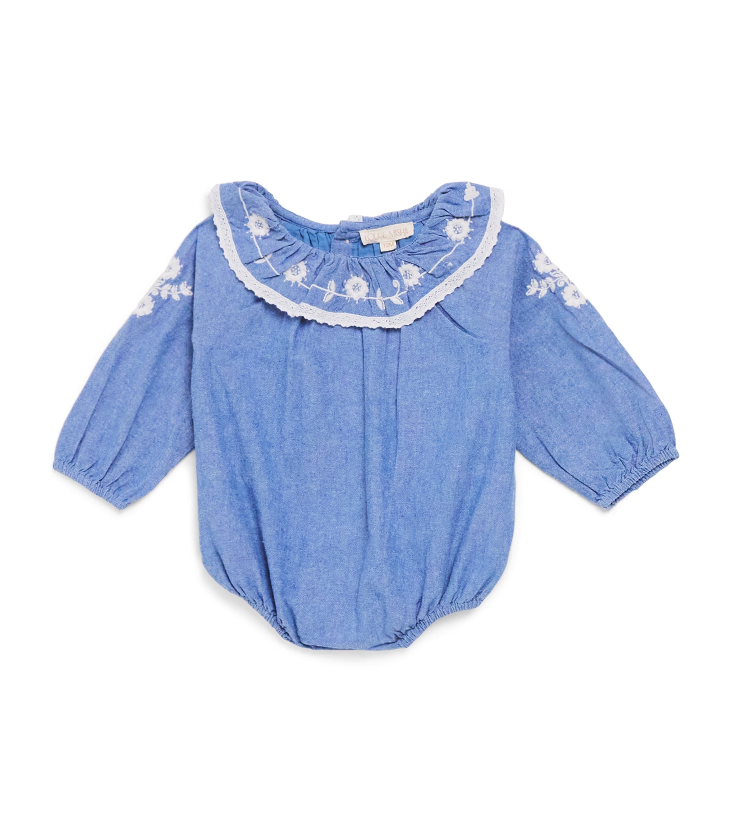 Louise Misha Cotton Embroidered Ilani Bodysuit (3-24 Months) Blue Chambray Image 1