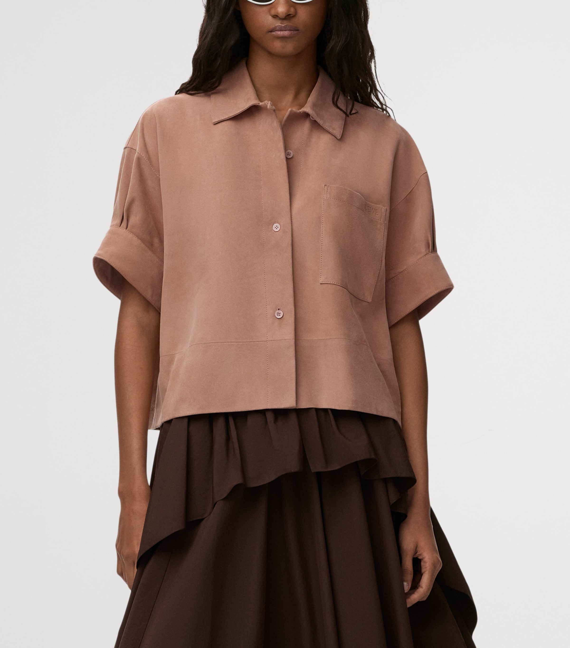 LOEWE Womens x Paula's Ibiza Suede Logo Short-Sleeve Shirt Light Pink Image 3