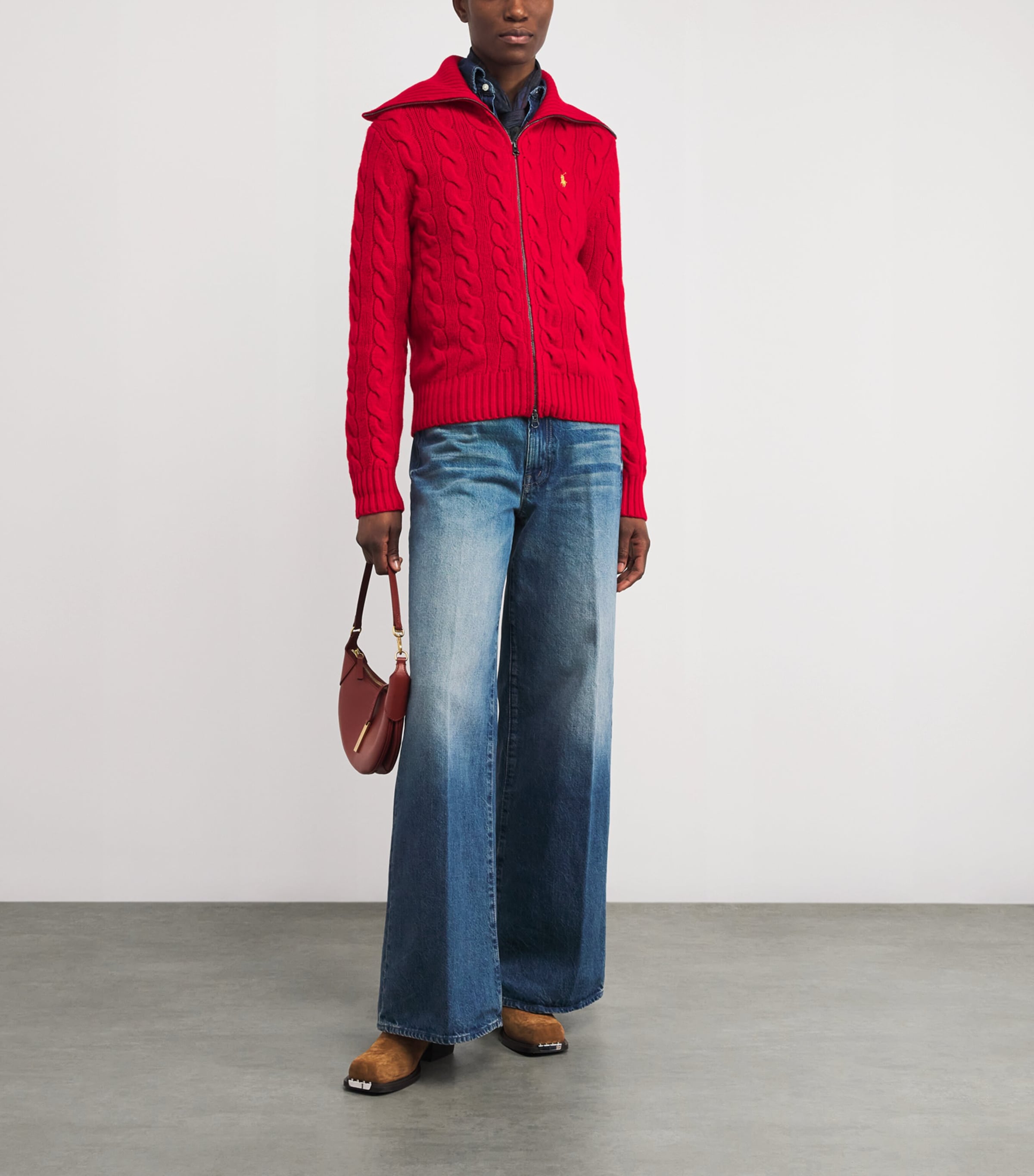 Cotton Cable-Knit Zip-Up Sweater RL2000 RED Image 2