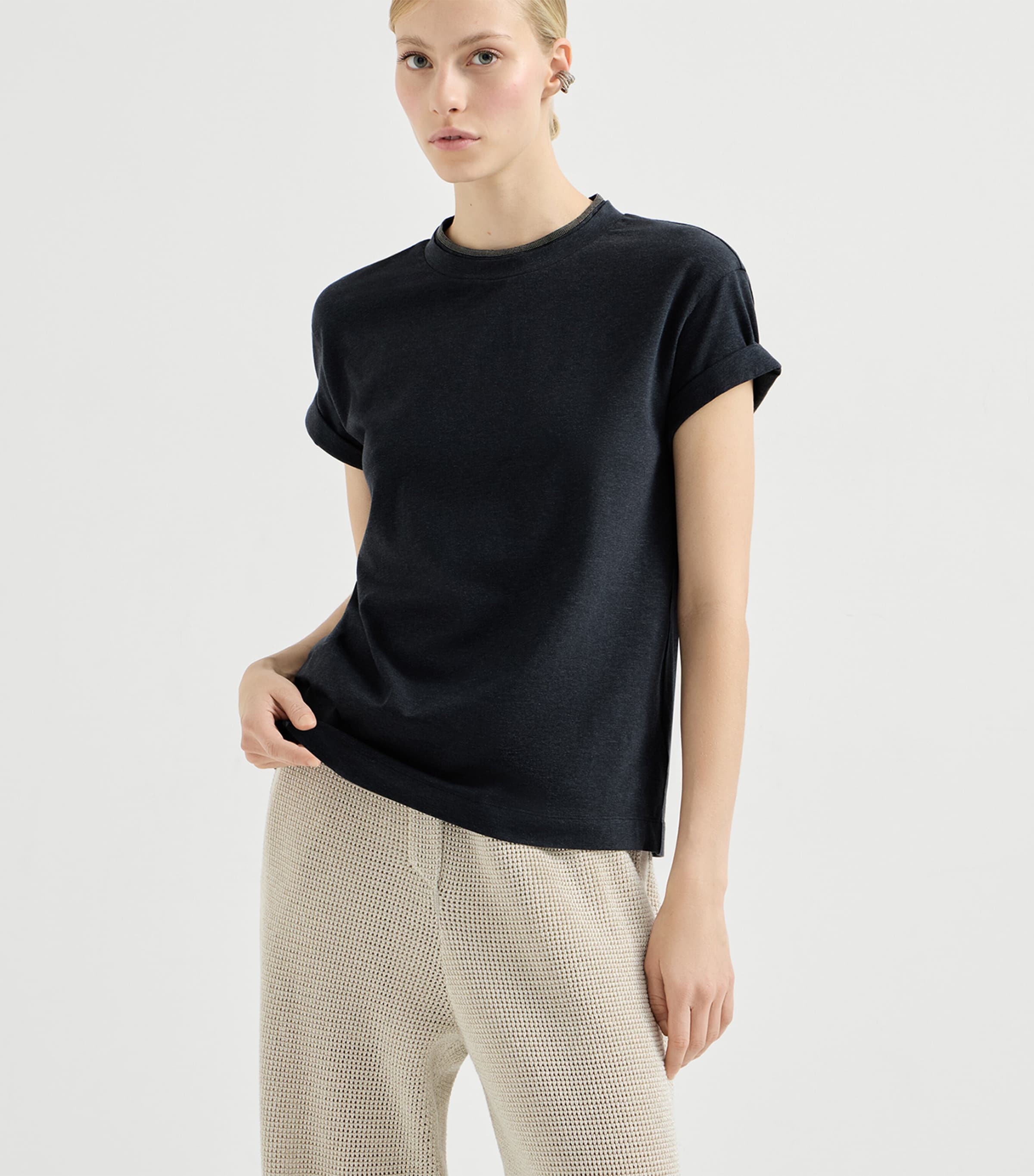 Brunello Cucinelli Womens Embellished Stretch-Cotton T-Shirt Image 3