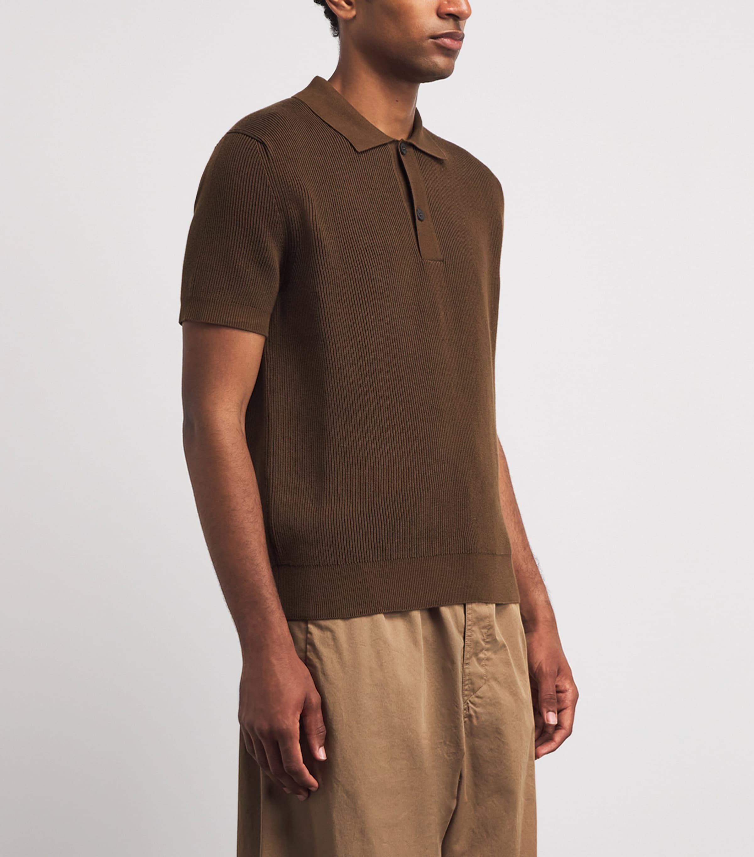 Sunspel Mens Cotton Rib-Knit Polo Shirt Brgu Bronze Image 4