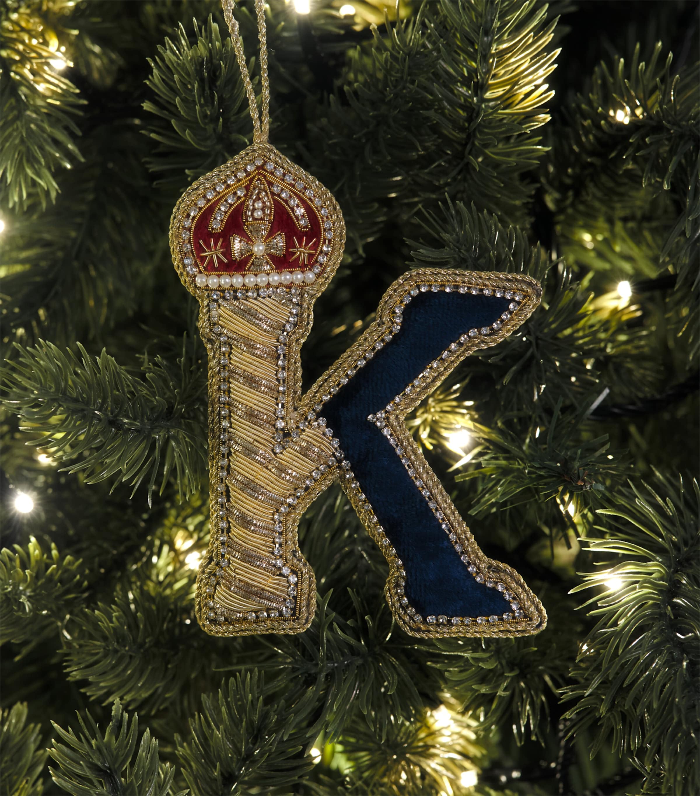 Tinker Tailor Velvet Crystal Letter K Tree Decoration Navy, Gold & Wine Image 3