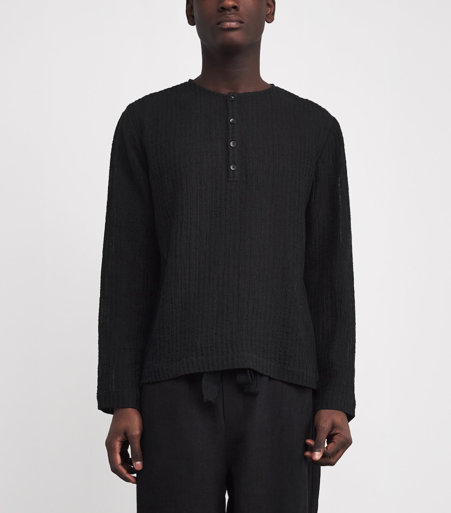 Linen-Cotton-Blend Stripe Henley T-Shirt BLACK Image 3