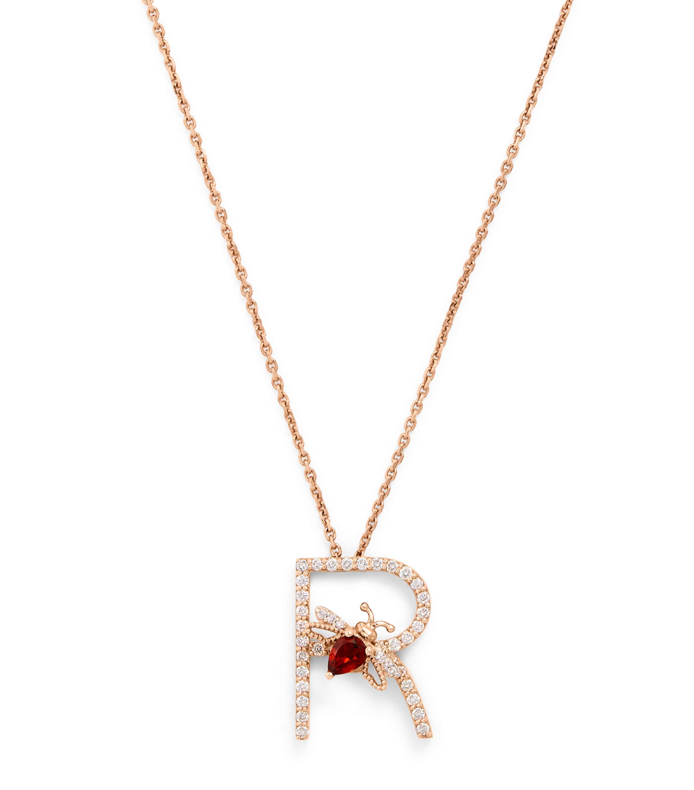 Bee Goddess Rose Gold, Diamond And Garnet Letter 'r' Necklace In Rose Gold