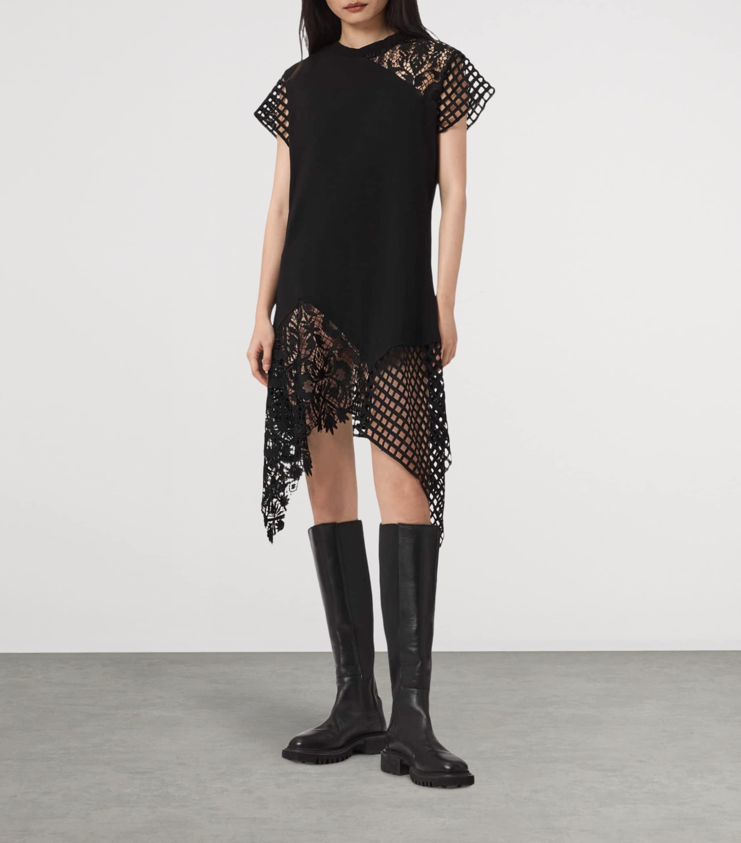 AllSaints Womens Cotton Mesh Zala T-Shirt Dress Black Image 2