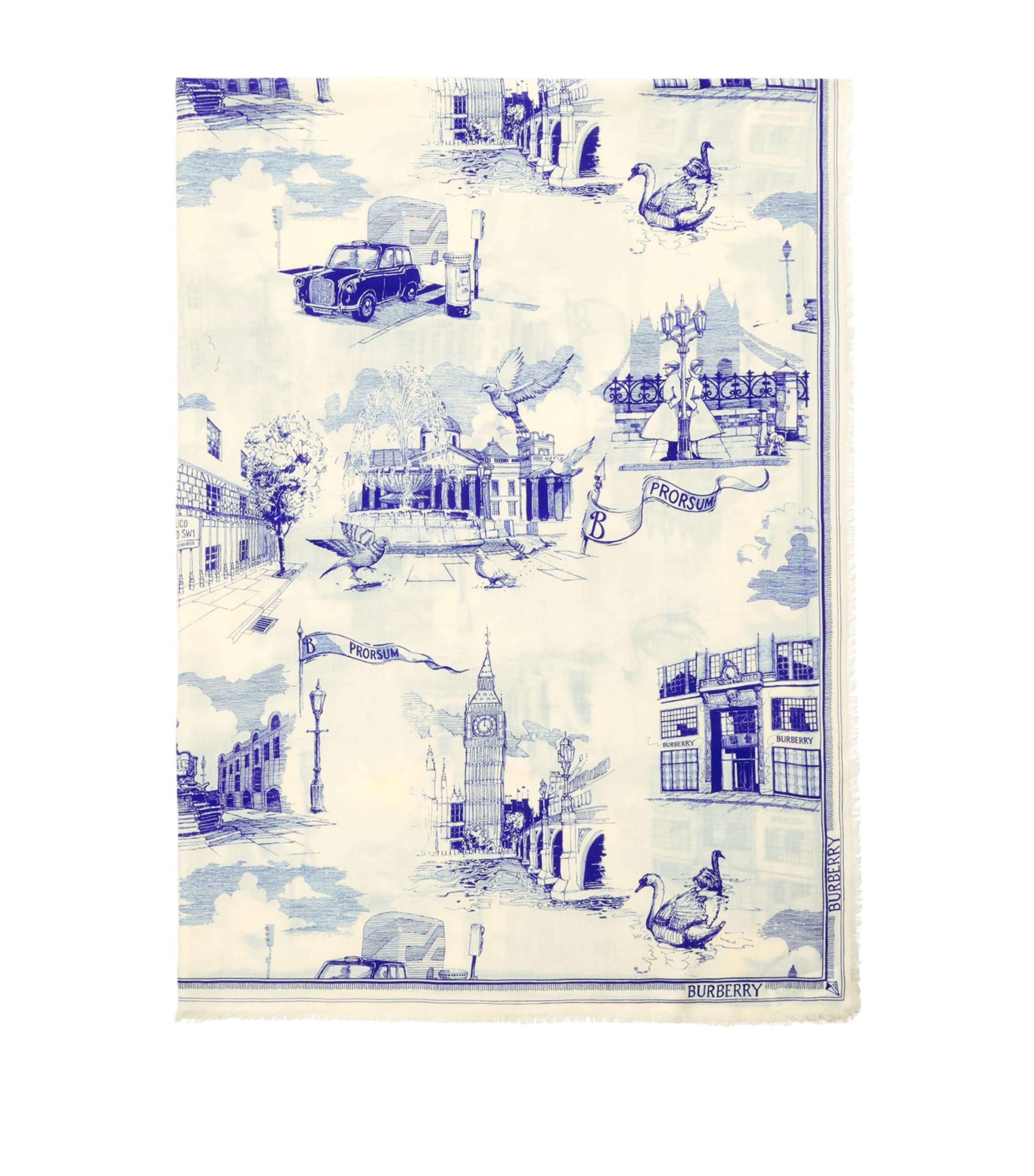 Burberry Silk-wool London Landmarks Scarf In Blue