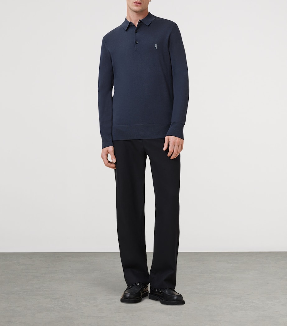 Merino Wool Long-Sleeve Mode Polo Shirt NAVY BLUE Image 2