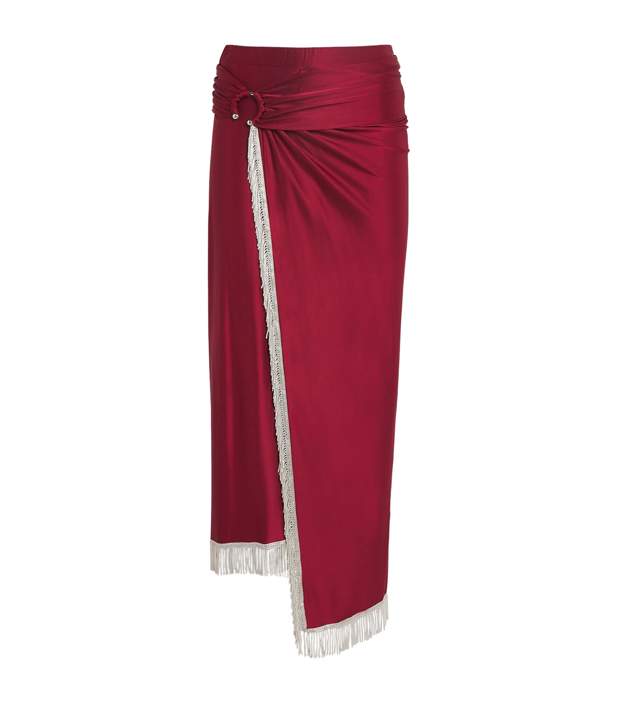 Rabanne Fringe-detailed Drape Midi Skirt In Ruby Red In Burgundy