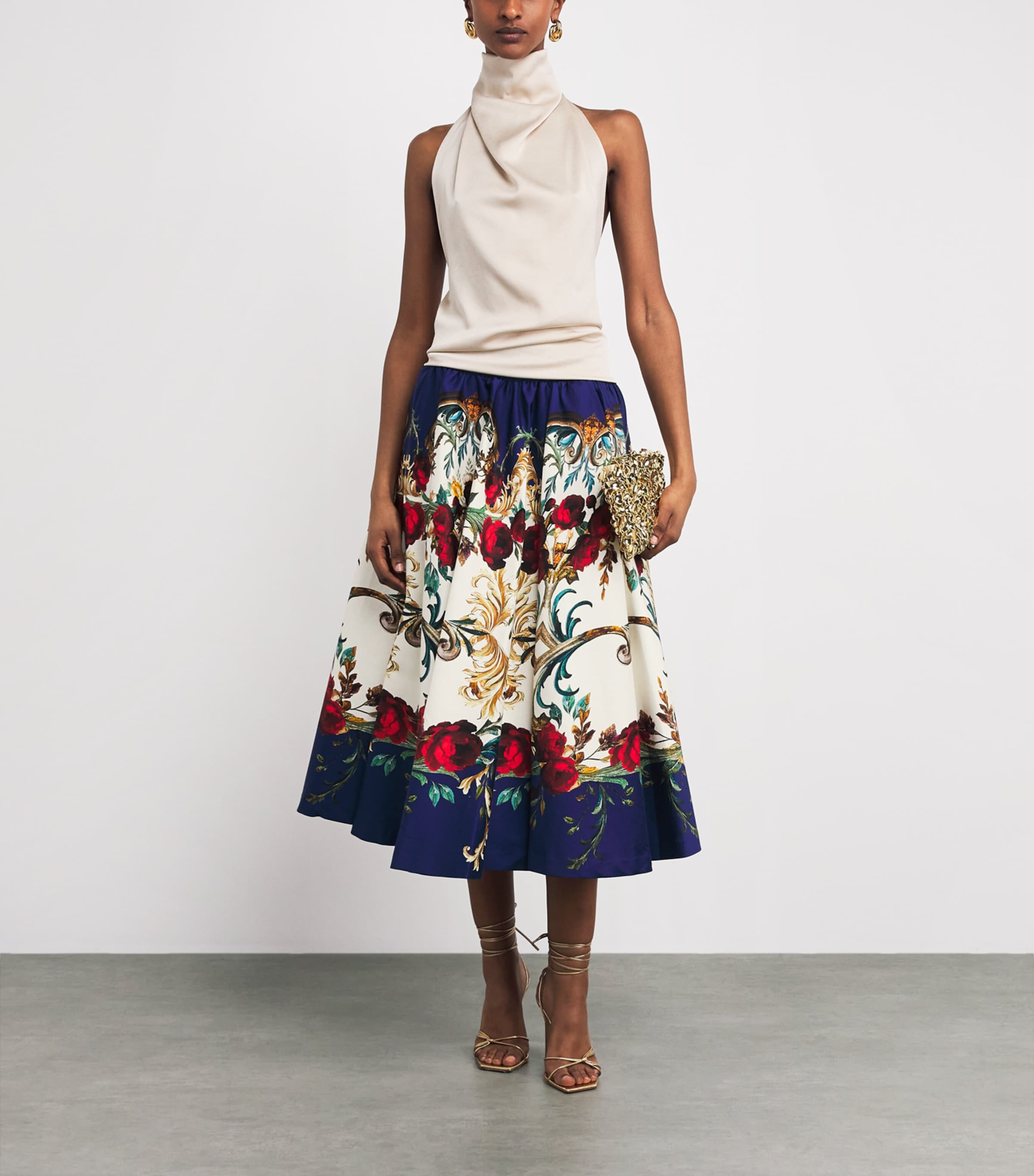 Alice+Olivia Womens Stretch-Cotton Floral Nilda Midi Skirt Gilded Rose Image 2