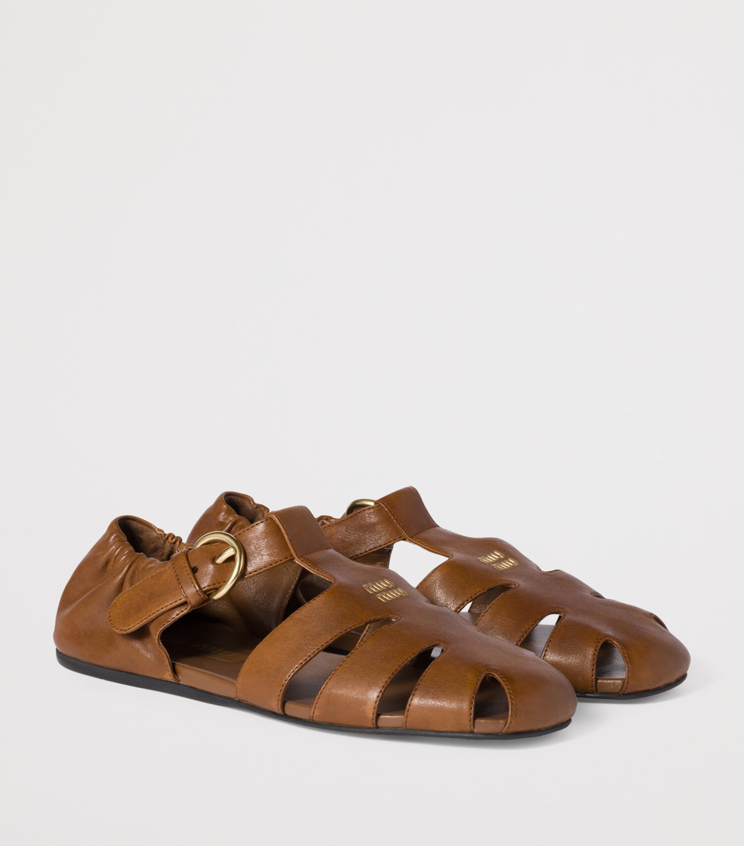 サンダル・ミュール MIU MIIU 5E395E_EFX RUCHES NAPPA LEATHER FISHERMAN'S SHOES Oak Ruches Nappa Leather Fisherman's Sandals | Miu Miu