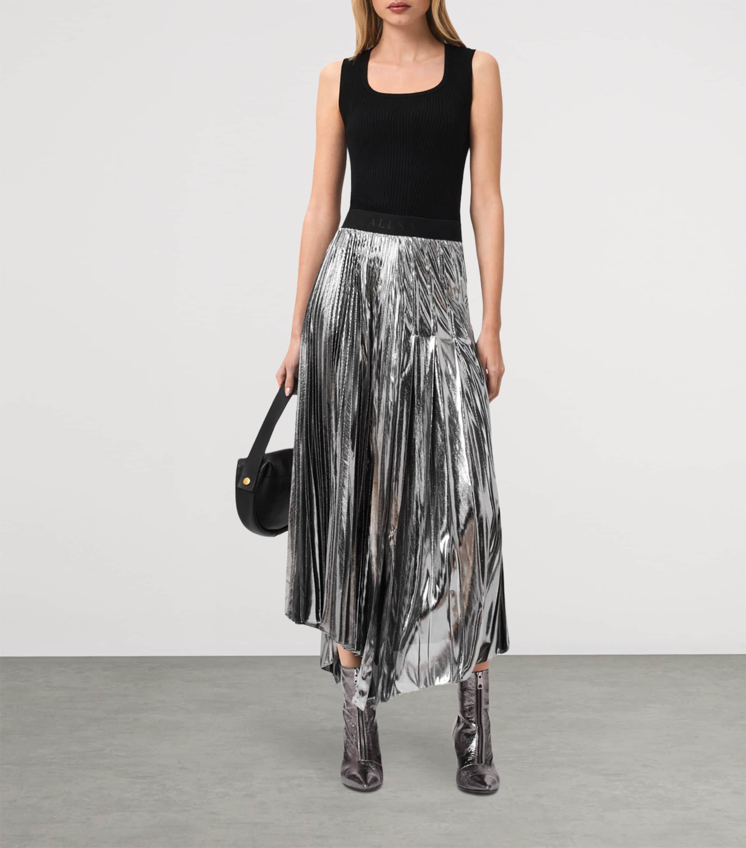 AllSaints Womens Pleated Jax Maxi Skirt Metallic Silver Image 6