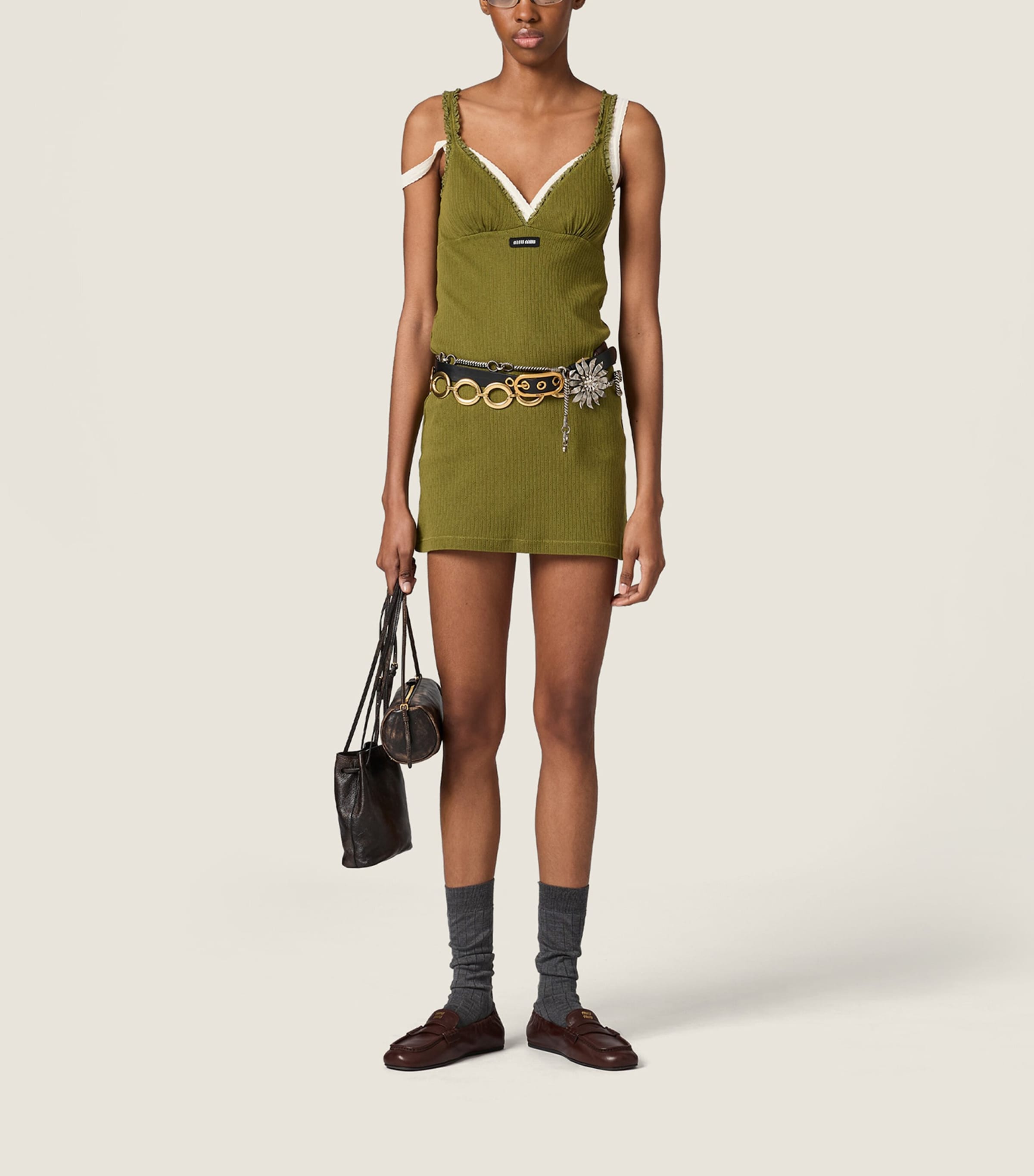 Miu Miu Womens Cotton Lace-Trim Mini Dress Green Image 2