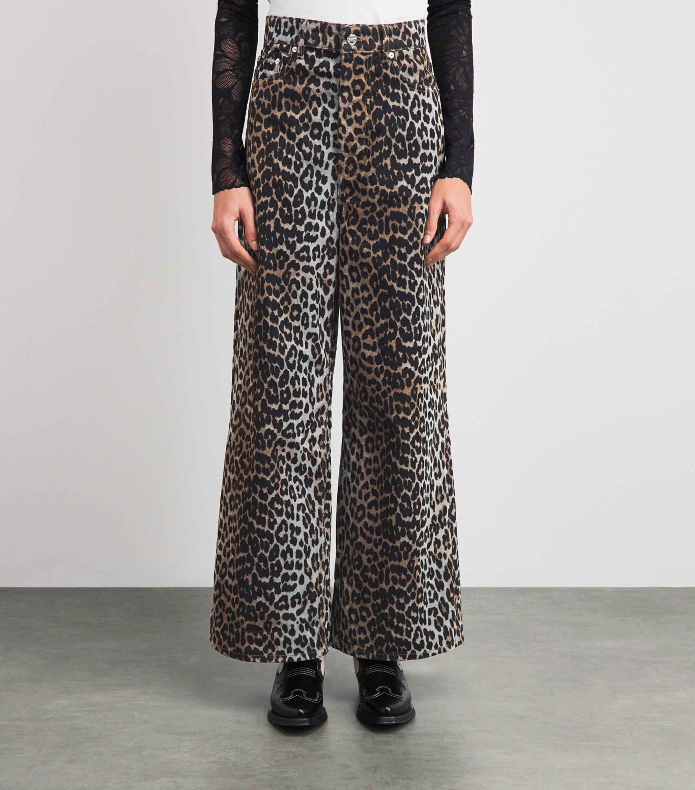 GANNI Womens Leopard Wide-Leg Jeans Almond Milk Image 4