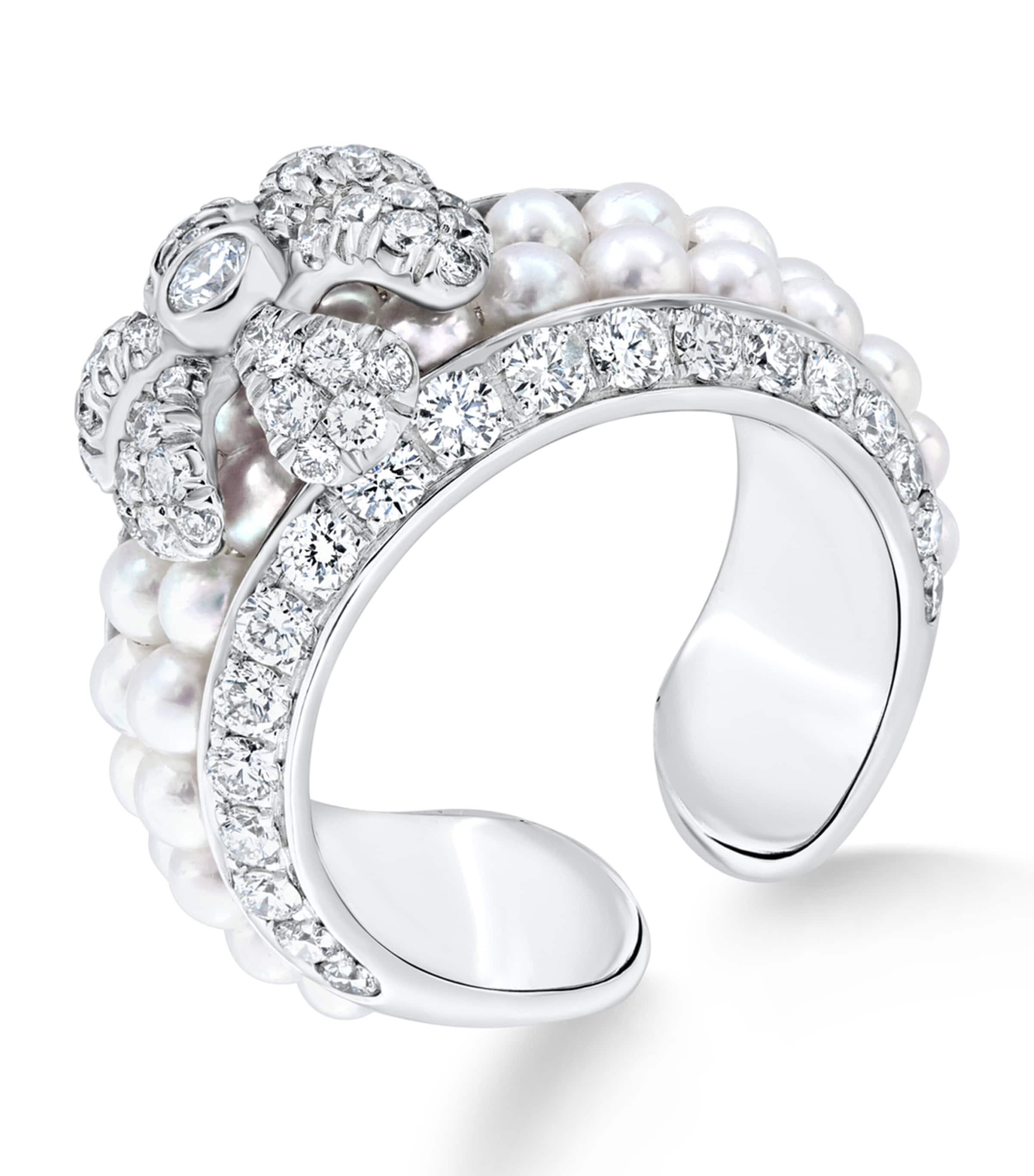 White Gold Pearl Rose Flower Ring Image 1