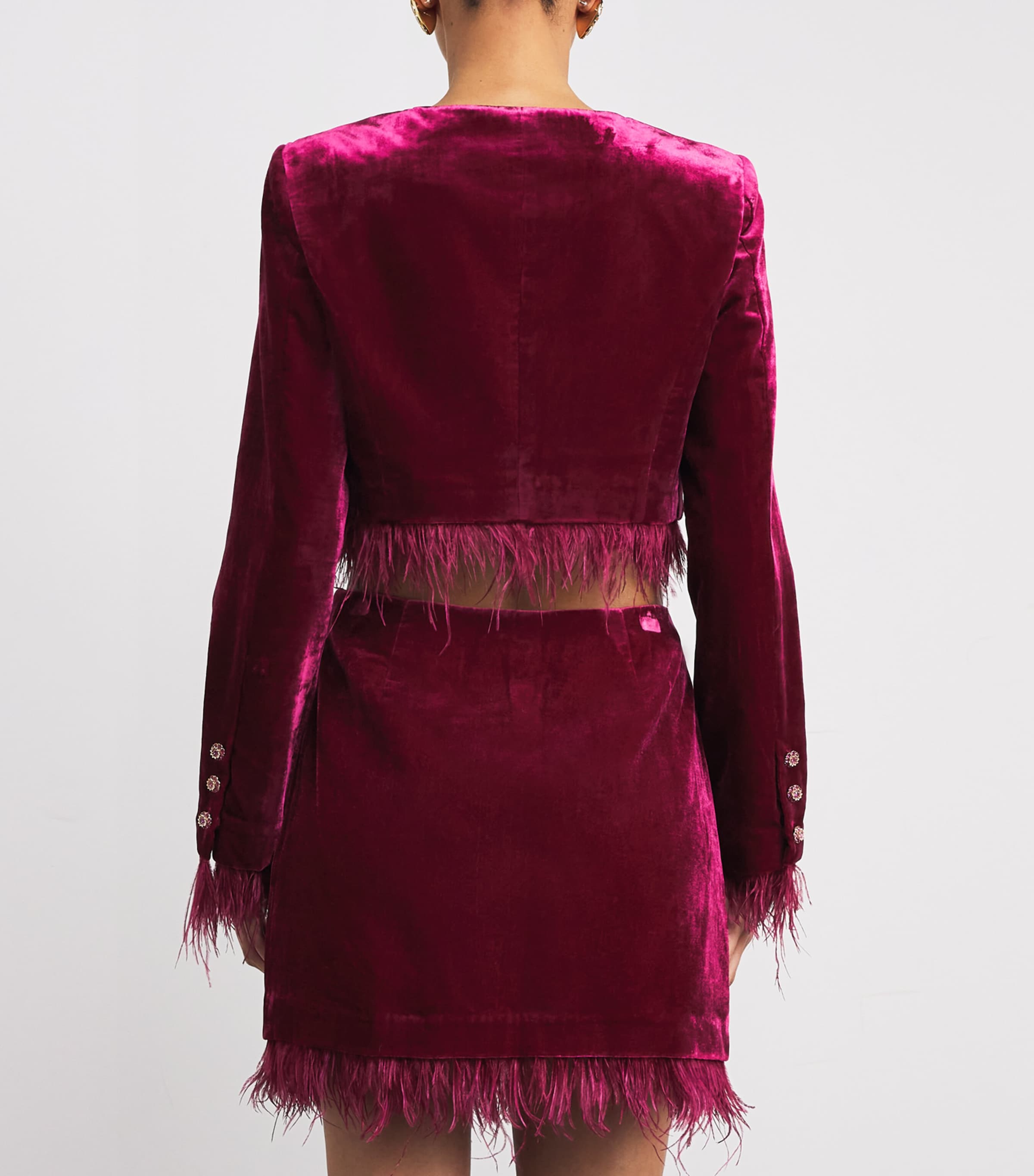 Cinq A Sept Womens Velvet Evelina Feather-Trimmed Jacket Red Plum Image 4