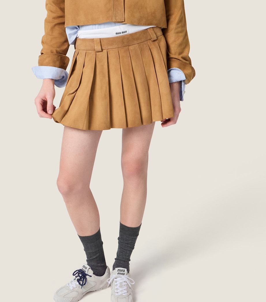 Miu Miu Womens Waxed Suede Pleated Miniskirt Neutral Image 4