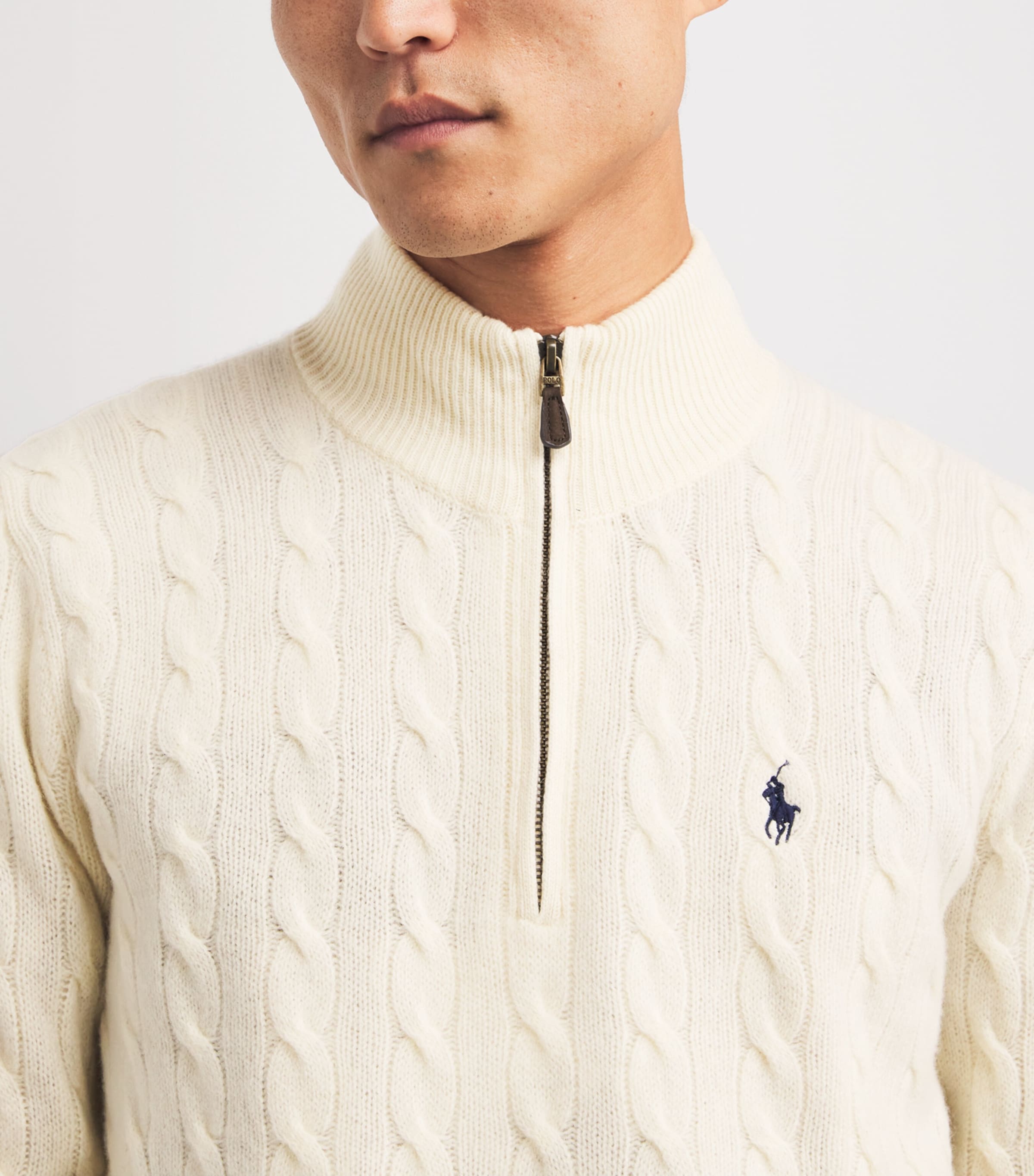 Polo Ralph Lauren White Wool-Cashmere Cable-Knit Quarter-Zip