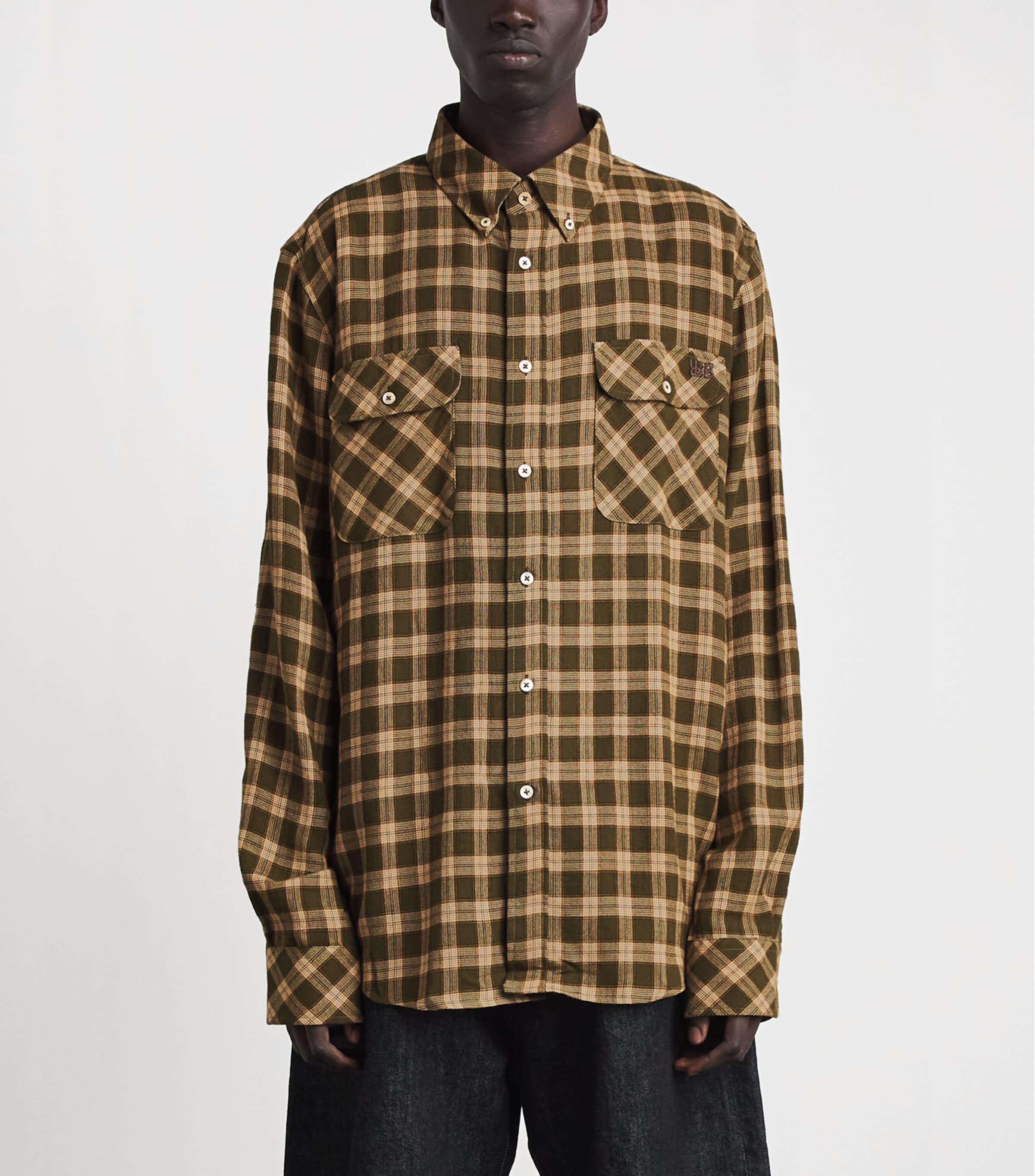 Wales Bonner Mens Cotton Check Canopy Shirt Jade / Ocre / Oyster Image 4
