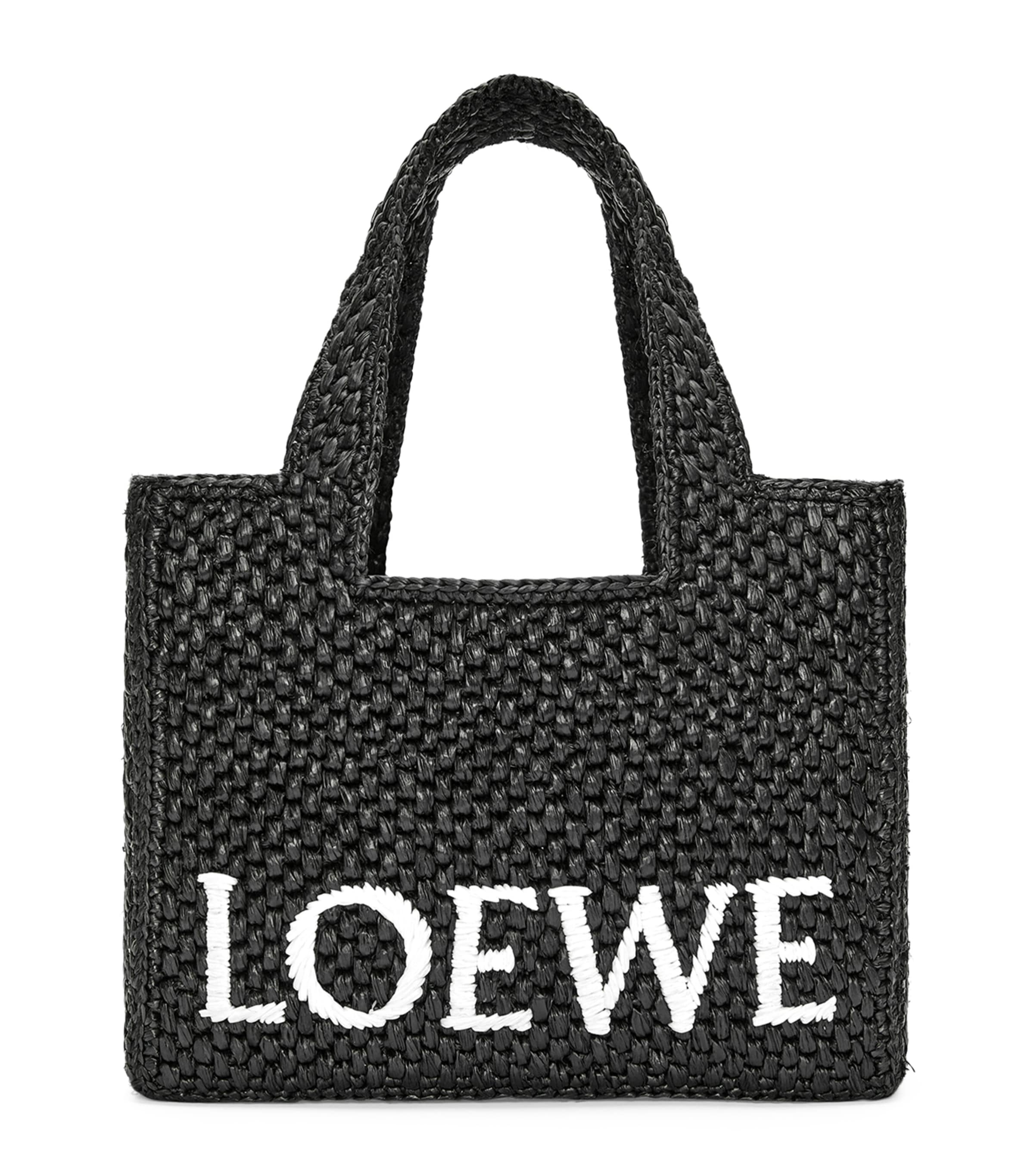 Loewe Logo Medium Tote Bag In Raffia In Black