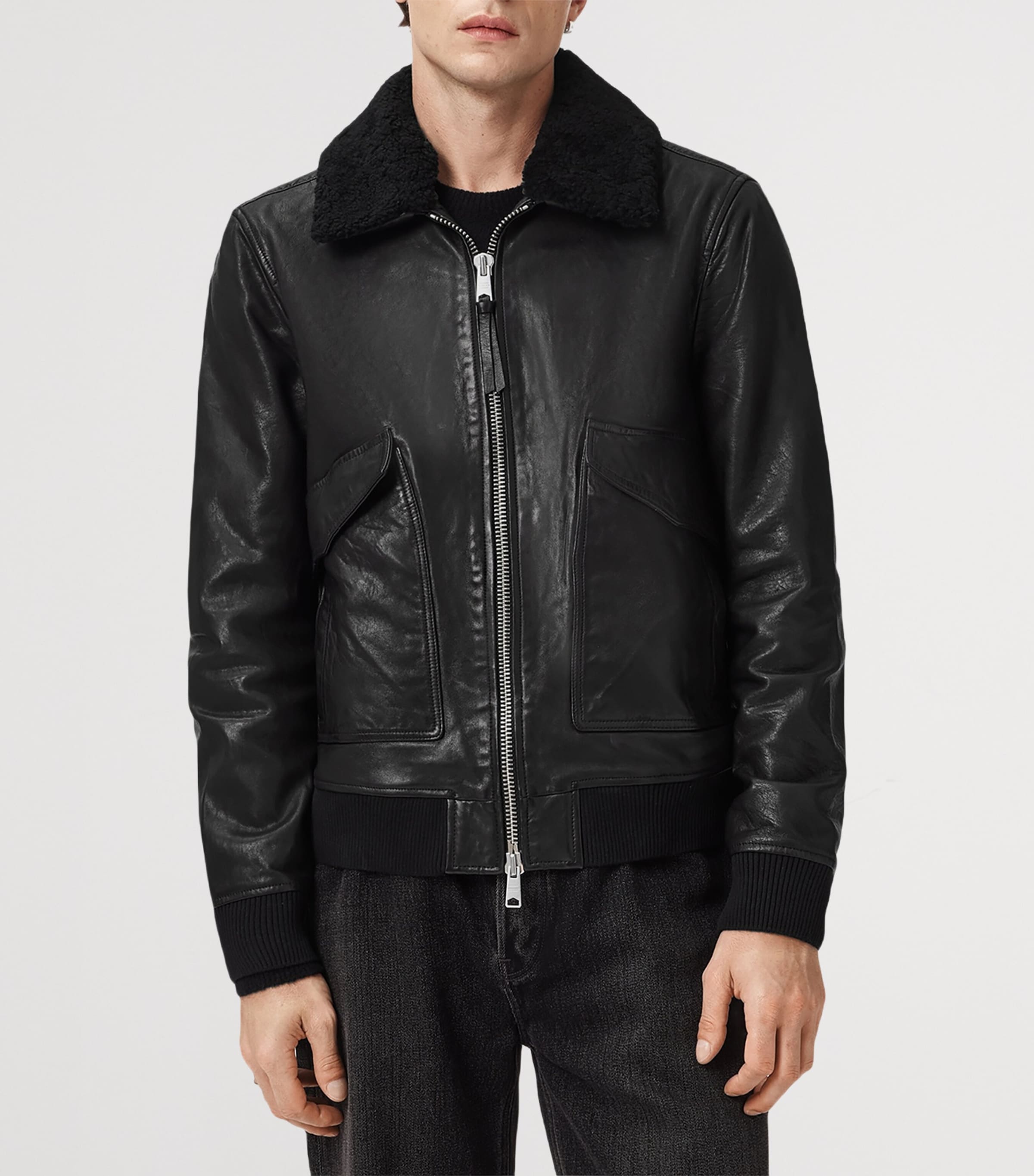 Leather Vaucluse Bomber Jacket BLACK Image 5