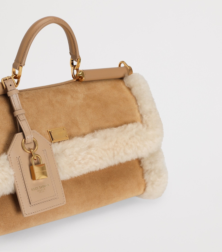 Calfskin Fur-Trim My Sicily Top-Handle Bag 8L798-CAMMELLO/NUDO Image 7