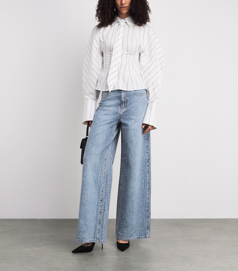 Self-Portrait Womens Croc-Effect Wide-Leg Jeans Blue Image 2