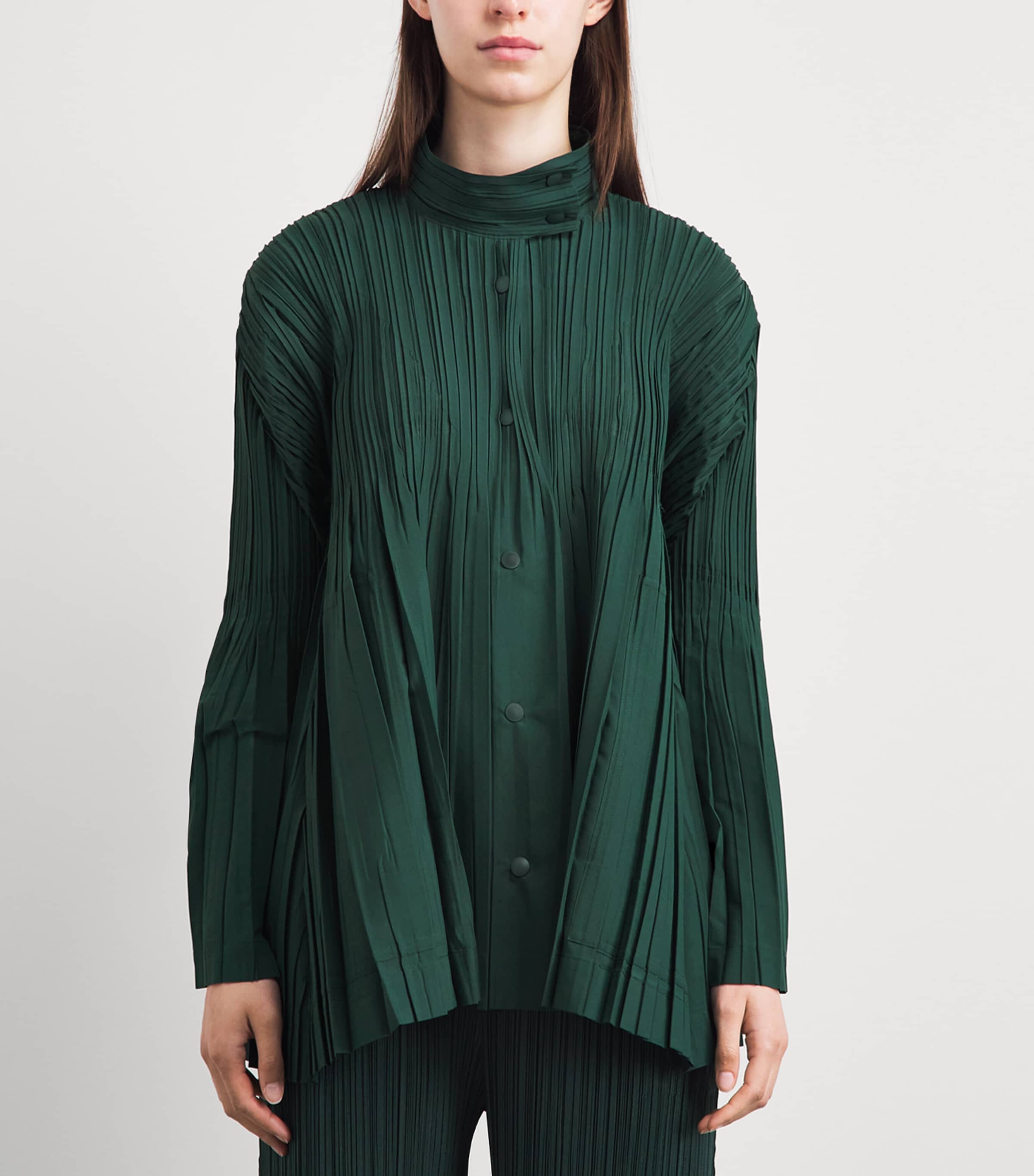 Pleats Please Issey Miyake Womens Pleated Float Coat Dark Green Image 4