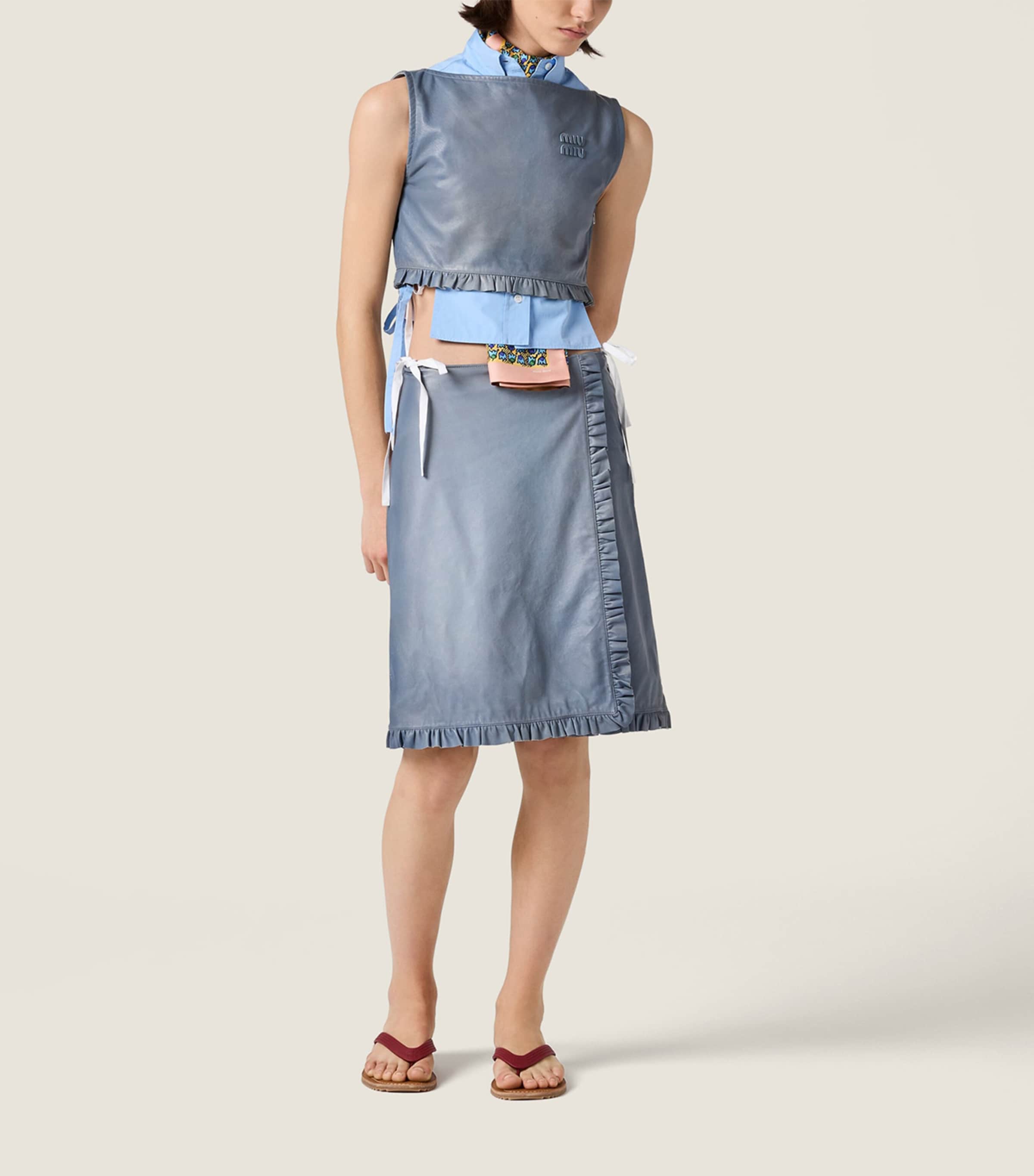 Miu Miu Womens Nappa Leather Ruffle Midi Skirt Light Blue Image 2
