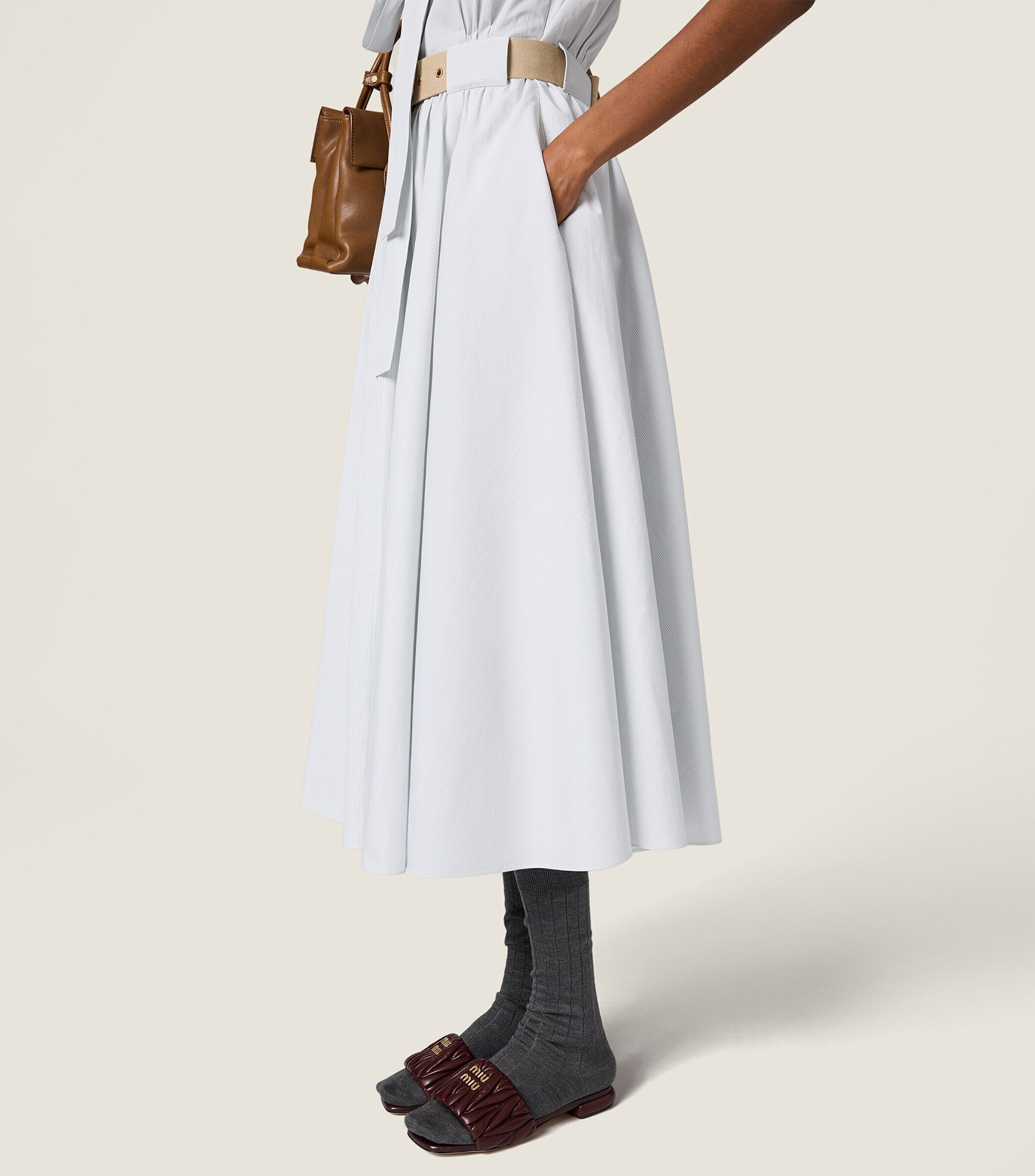 Miu Miu Womens Cotton Pinstripe Belted Midi Dress Image 6
