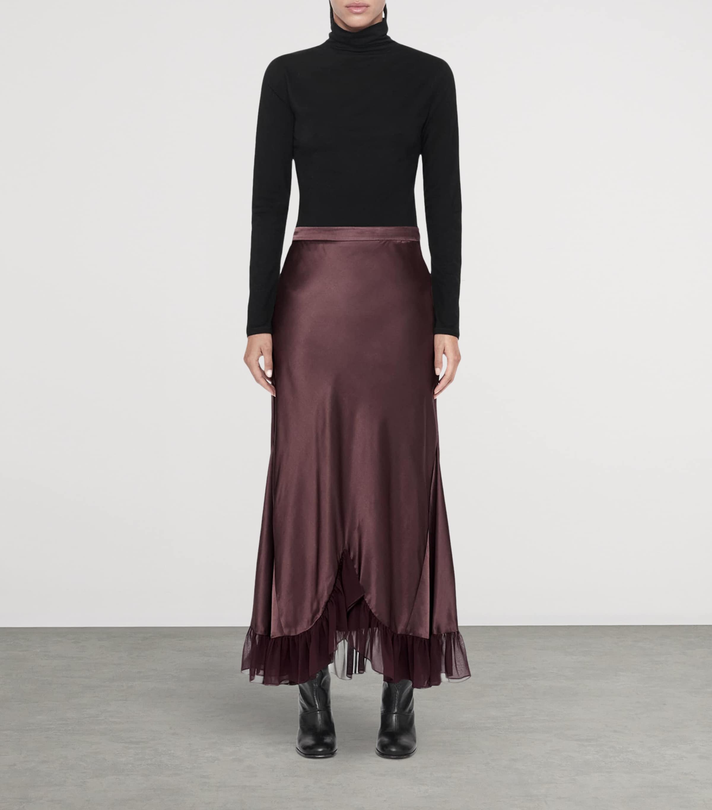 AllSaints Womens Satin Ruffle-Hem Irma Skirt Oxblood Red Image 2